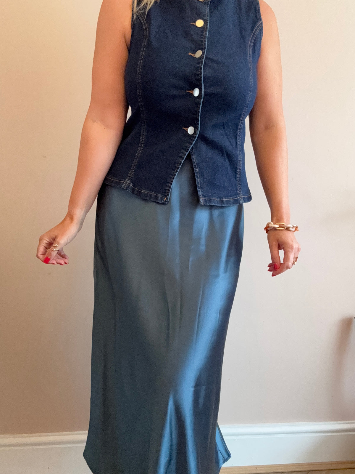 Petrol Blue Satin Slip Skirt