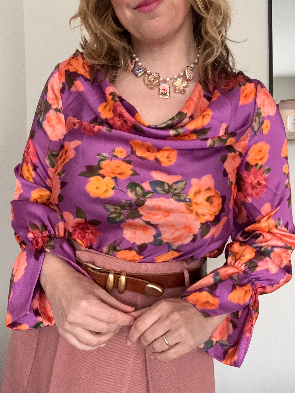 Floral satin cowl neck top
