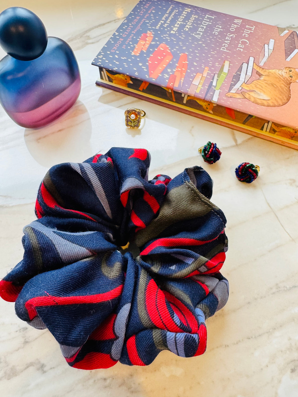 ‘Bookish’ moody blues scrunchie