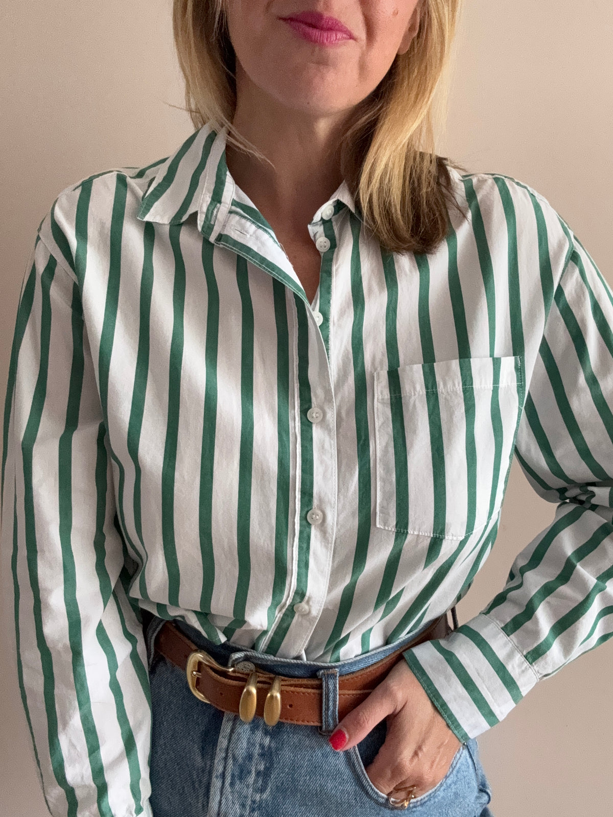 Cotton Green & White Striped Cropped Shirt