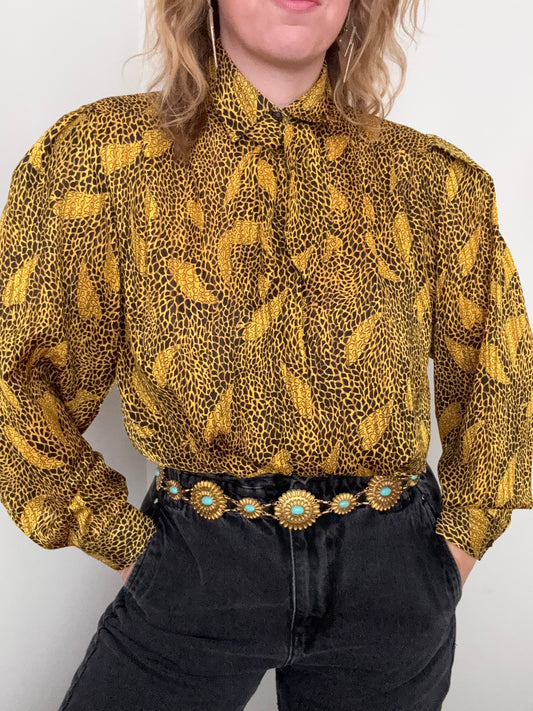 Vintage ‘scarf neck’ contrasting gold & black shirt