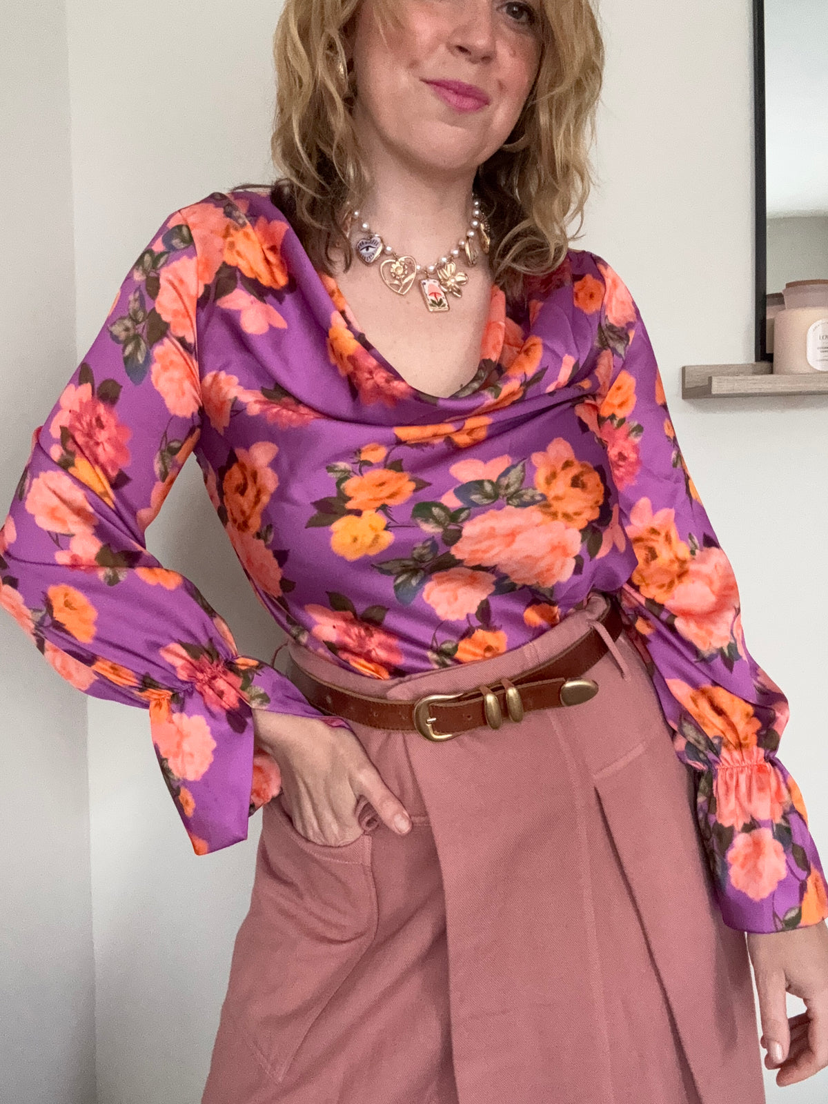 Floral satin cowl neck top