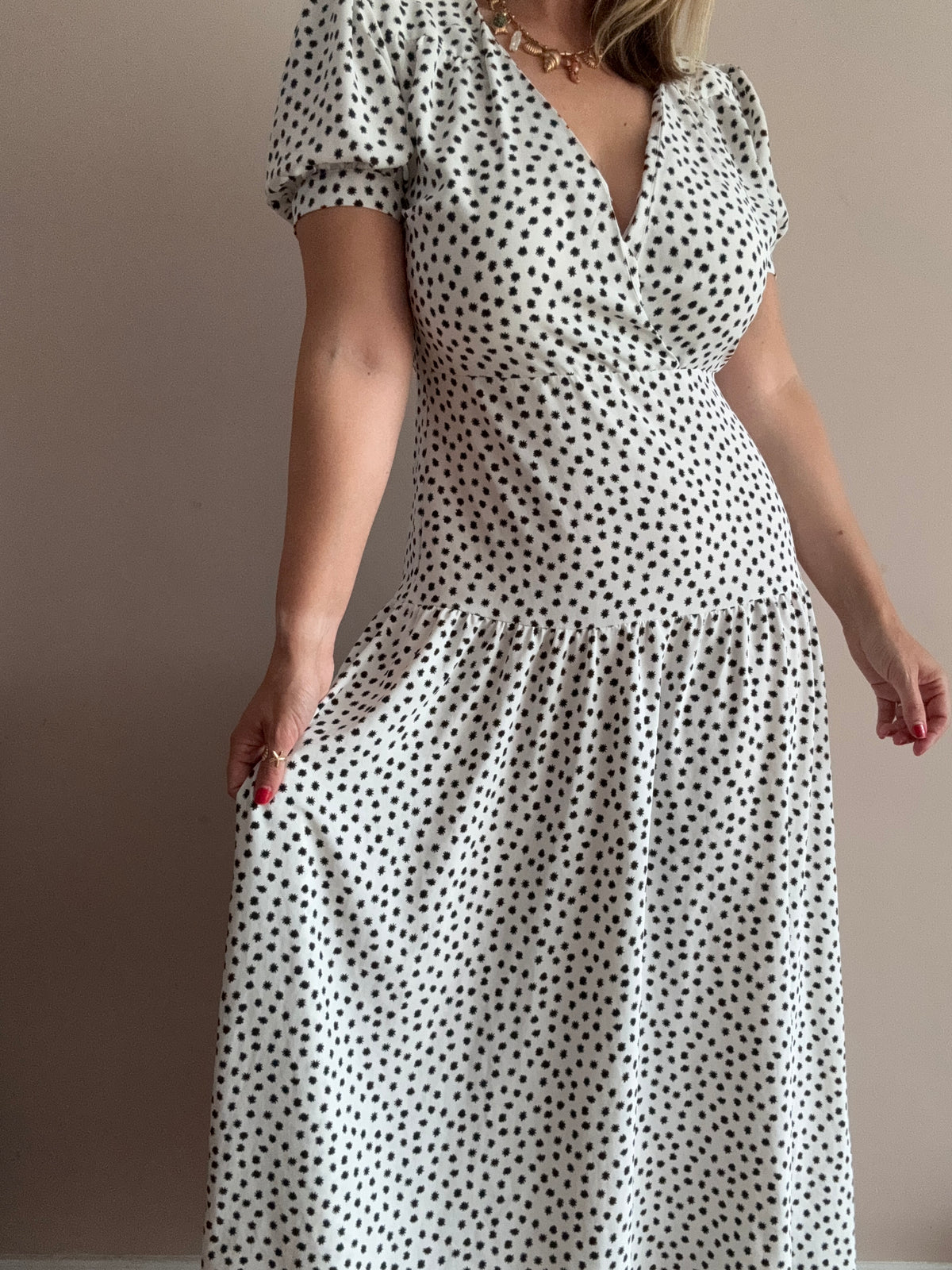 White & Black Spot Print Midi Dress