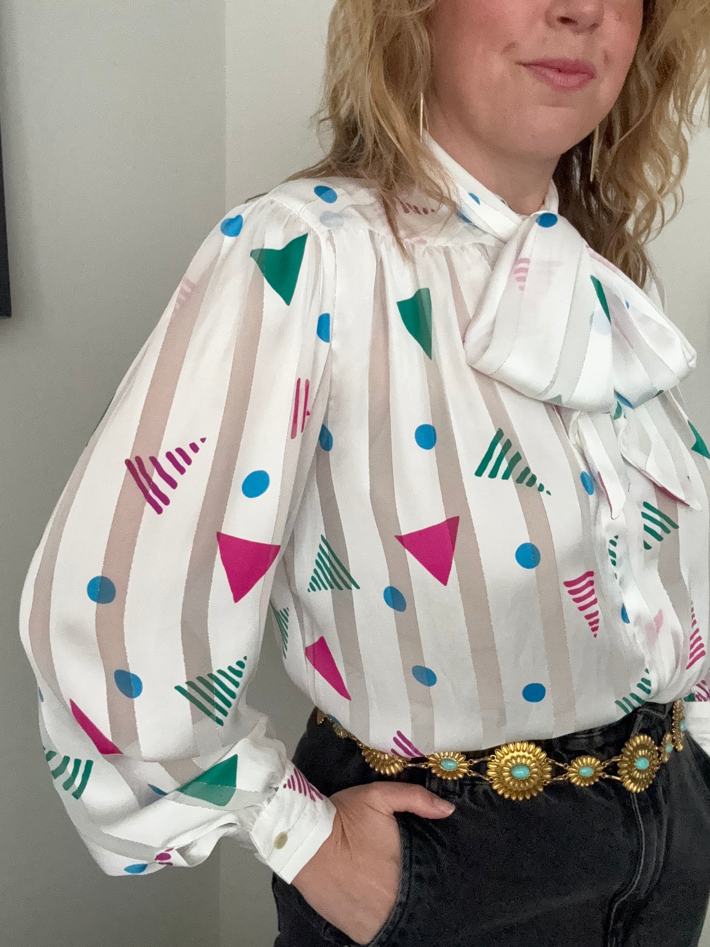 1980s ‘confetti’ pussybow shirt.