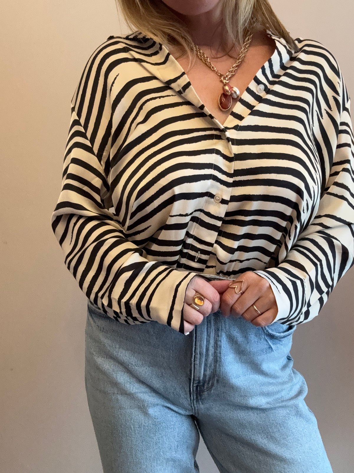 Black & Cream Striped Collared Blouse