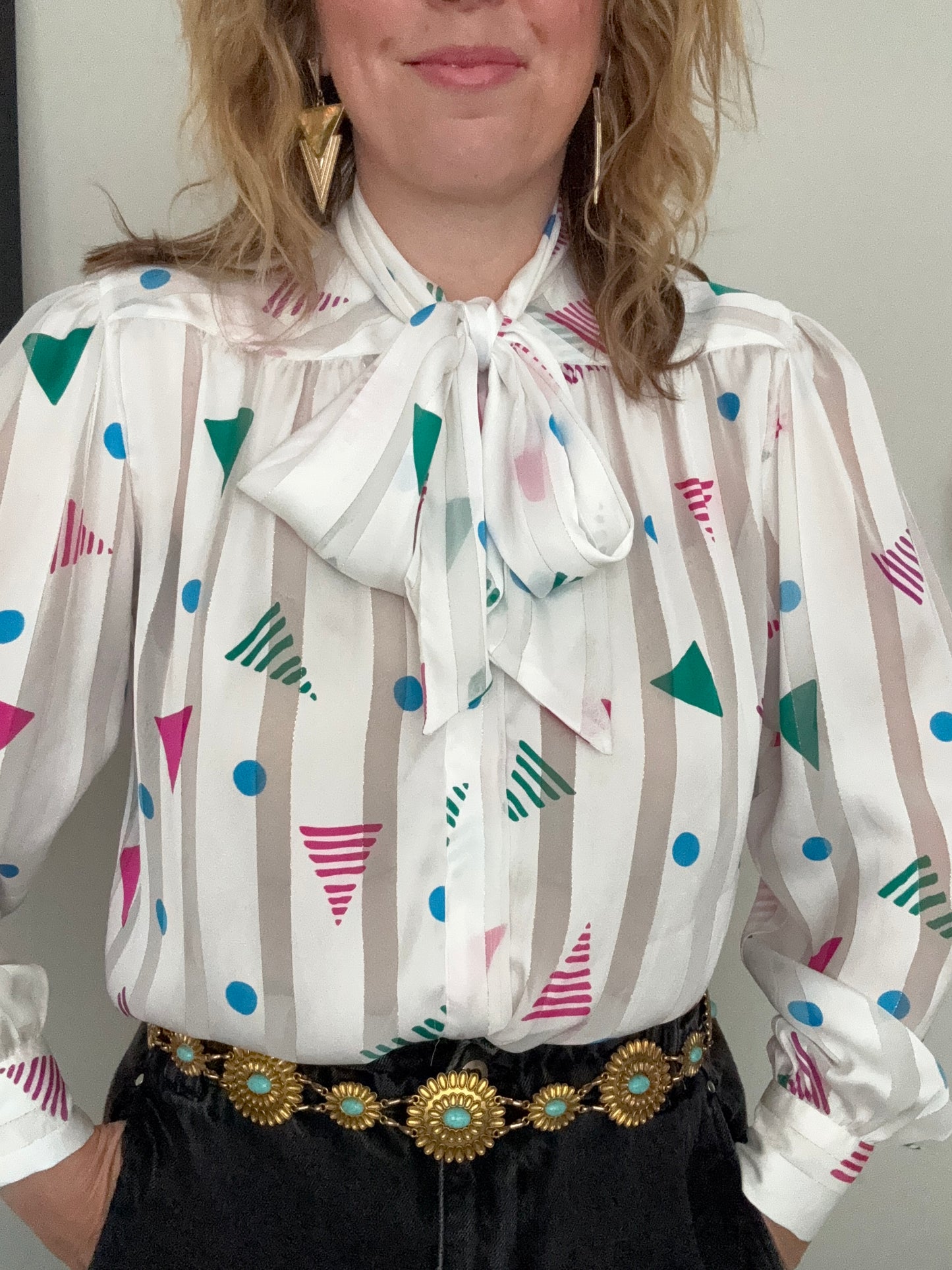 1980s ‘confetti’ pussybow shirt.