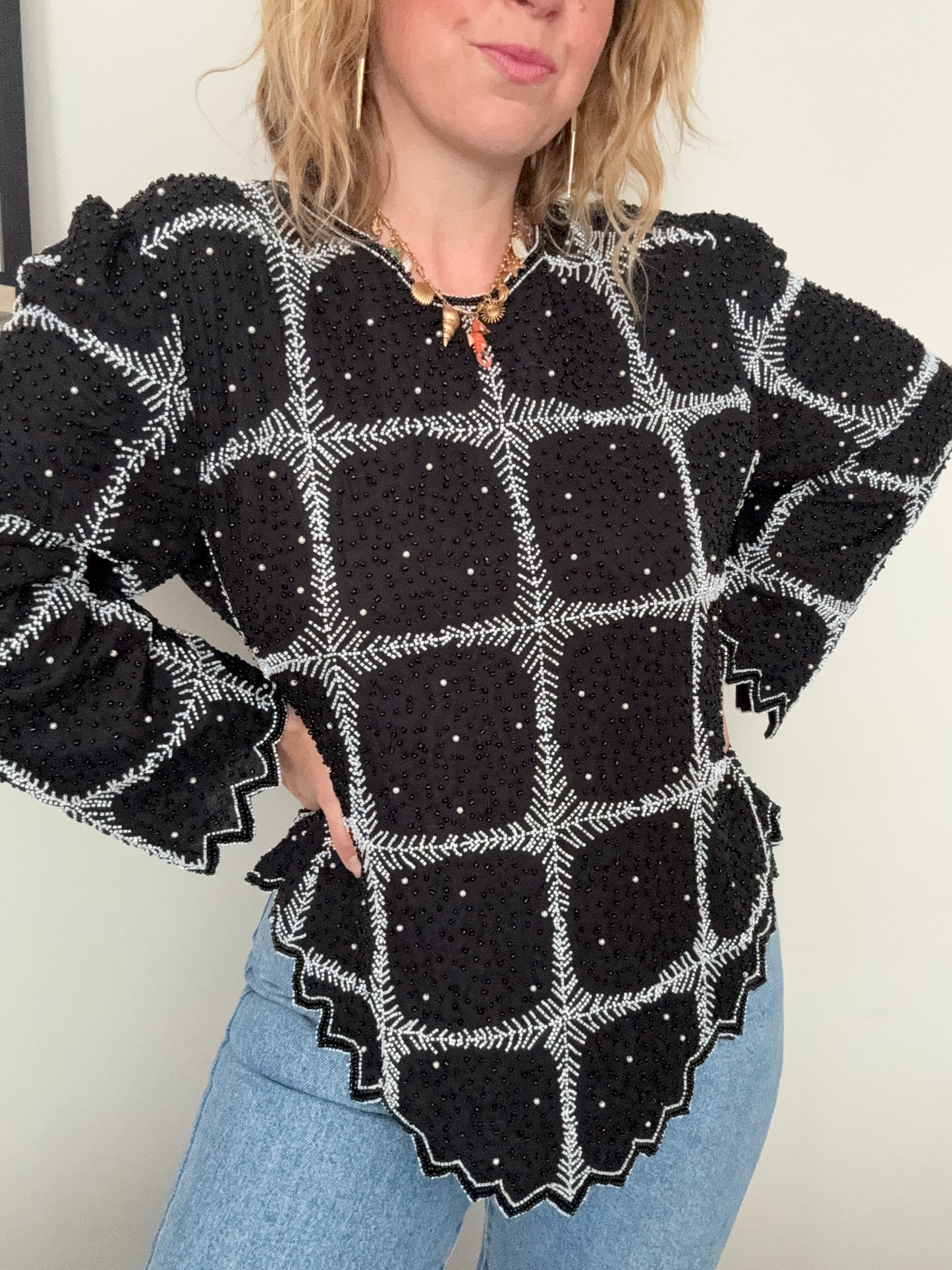 Vintage black beaded ‘windowpane’ silk blouse