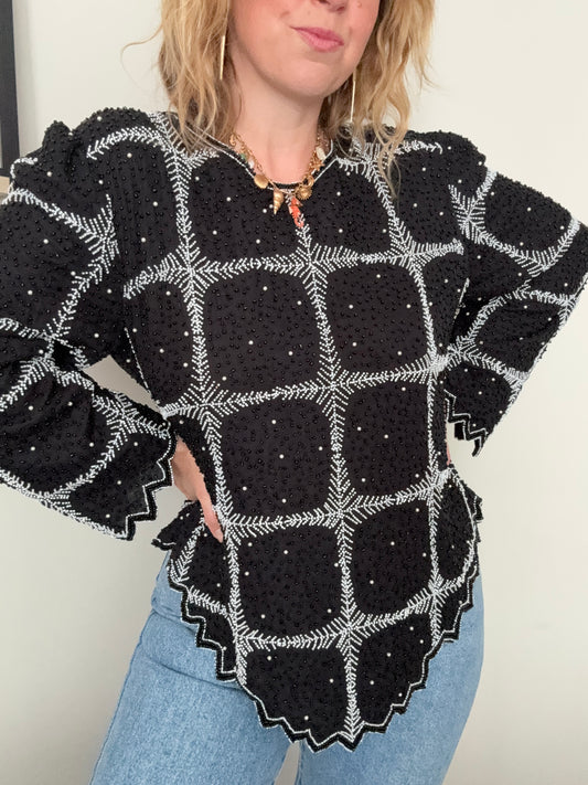 Vintage black beaded ‘windowpane’ silk blouse