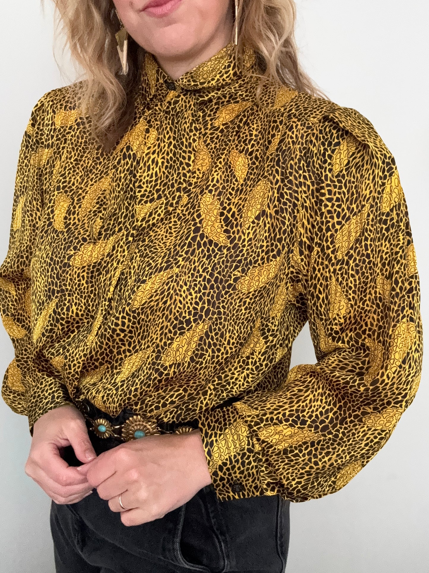 Vintage ‘scarf neck’ contrasting gold & black shirt