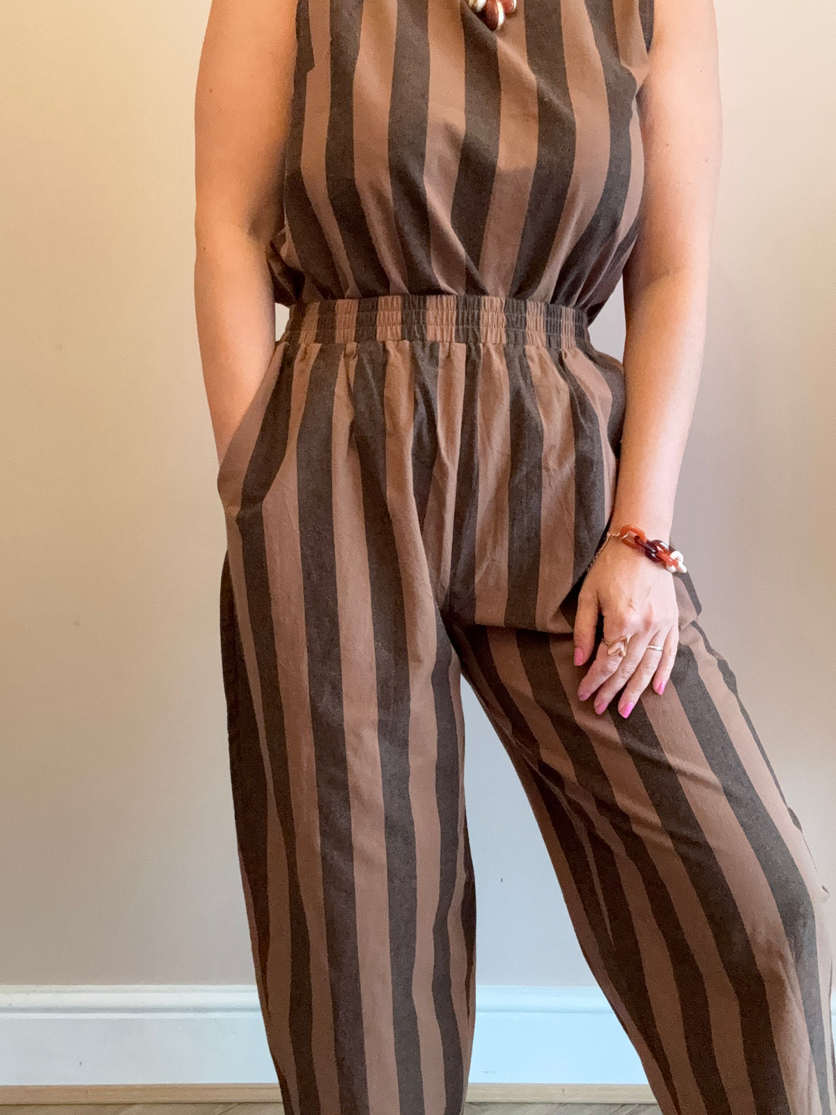 Brown & Charcoal Striped Wide-Leg Coord
