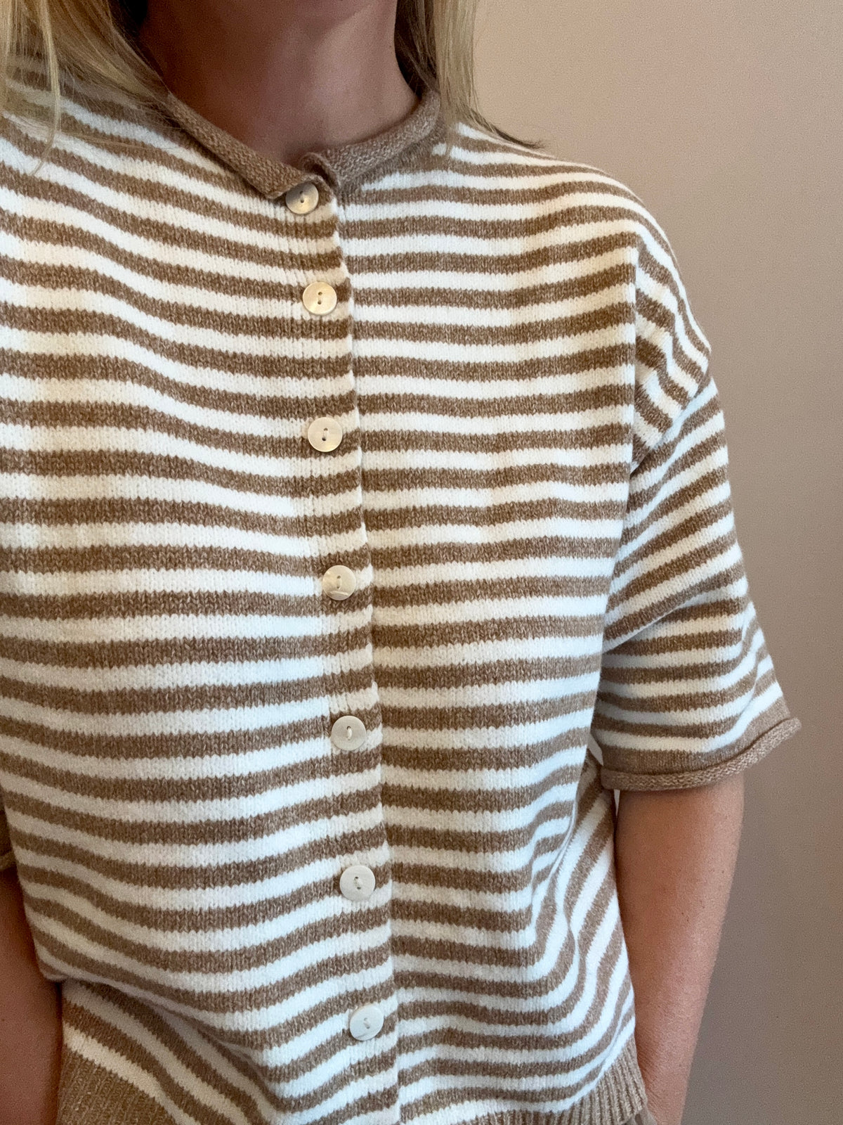 Cream & Taupe Striped Button-Front Knit Cardigan