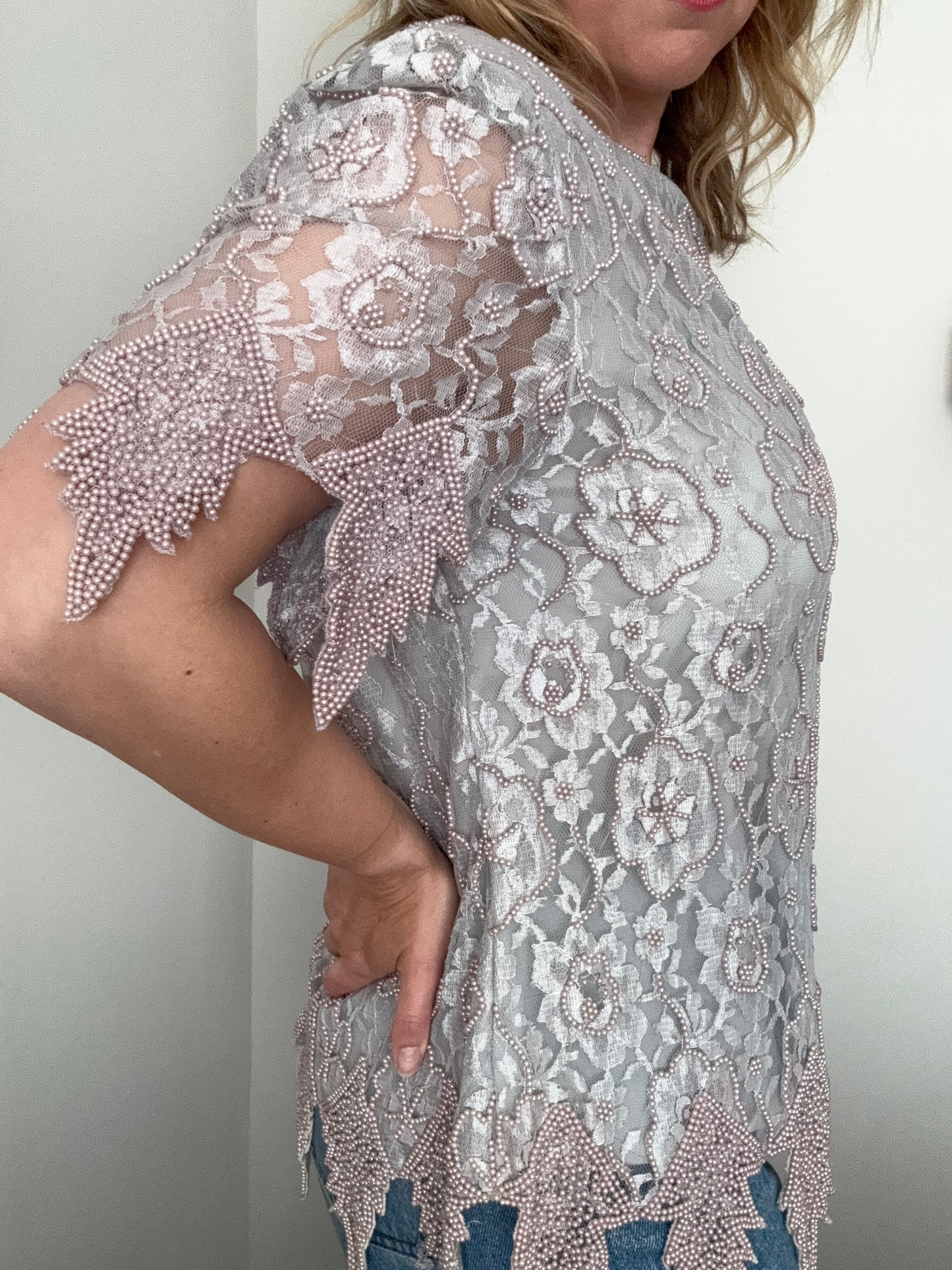 Vintage grey floral lace beaded top