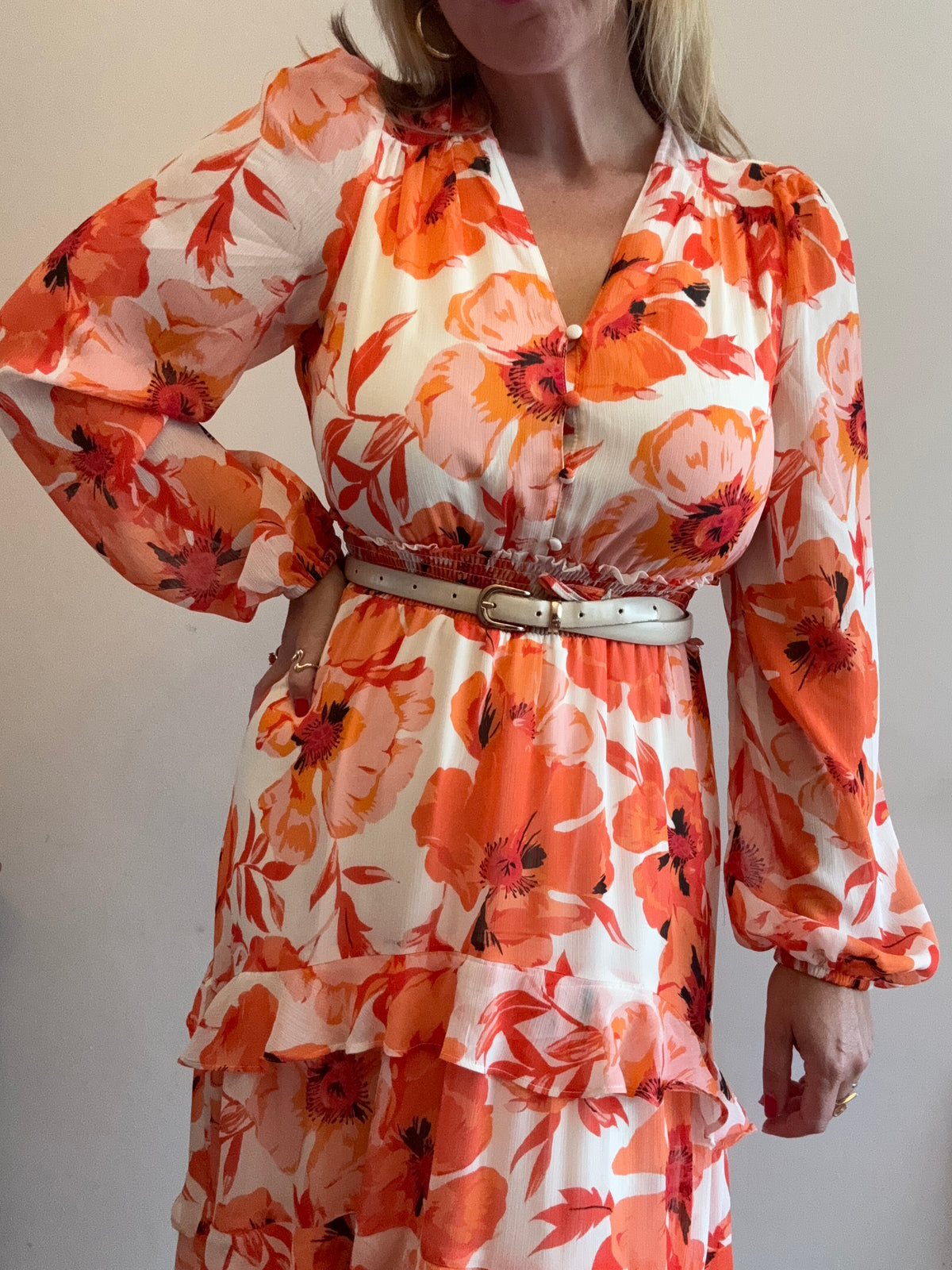 Orange & Coral Floral Tiered Maxi Dress