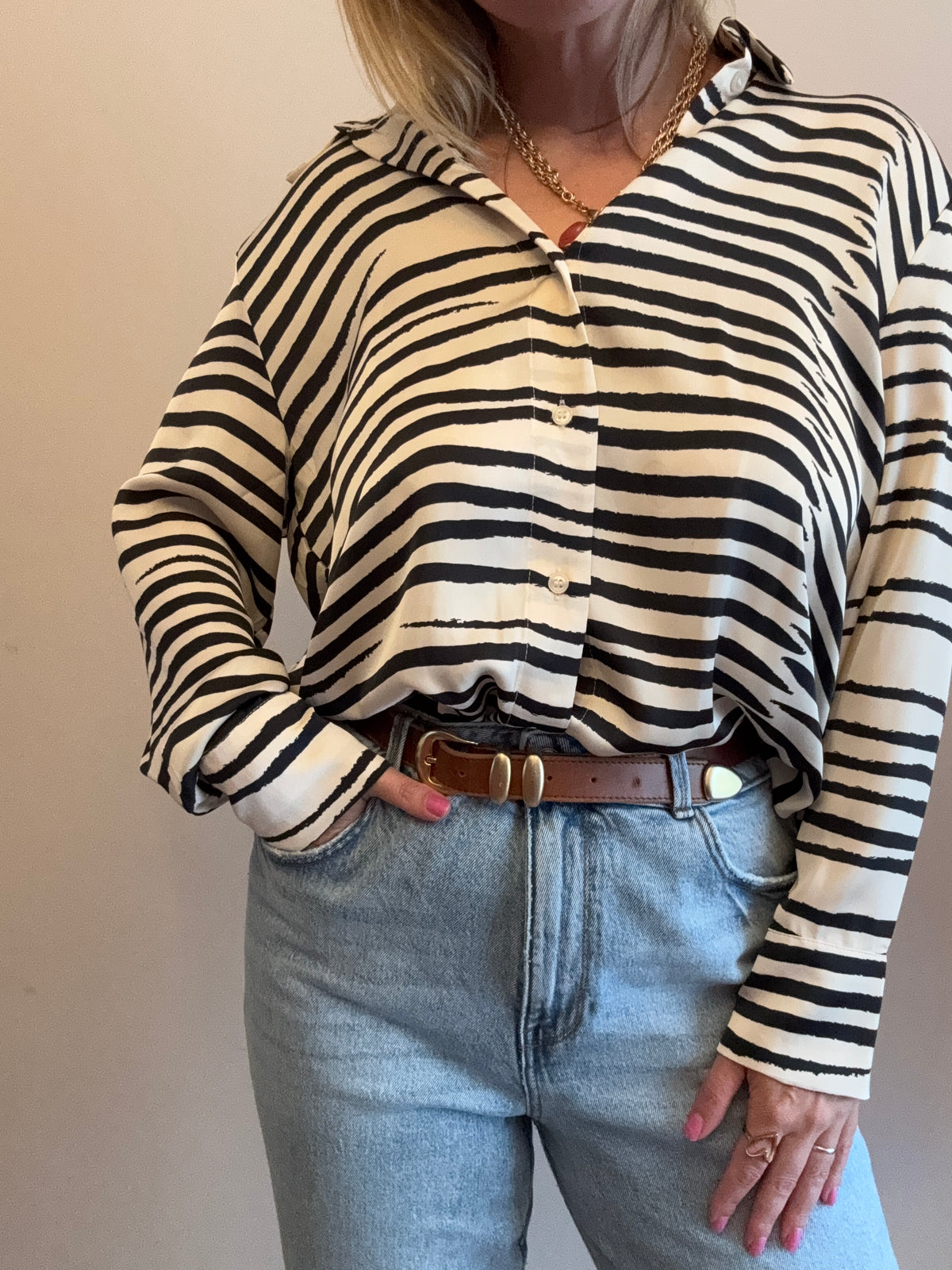 Black & Cream Striped Collared Blouse