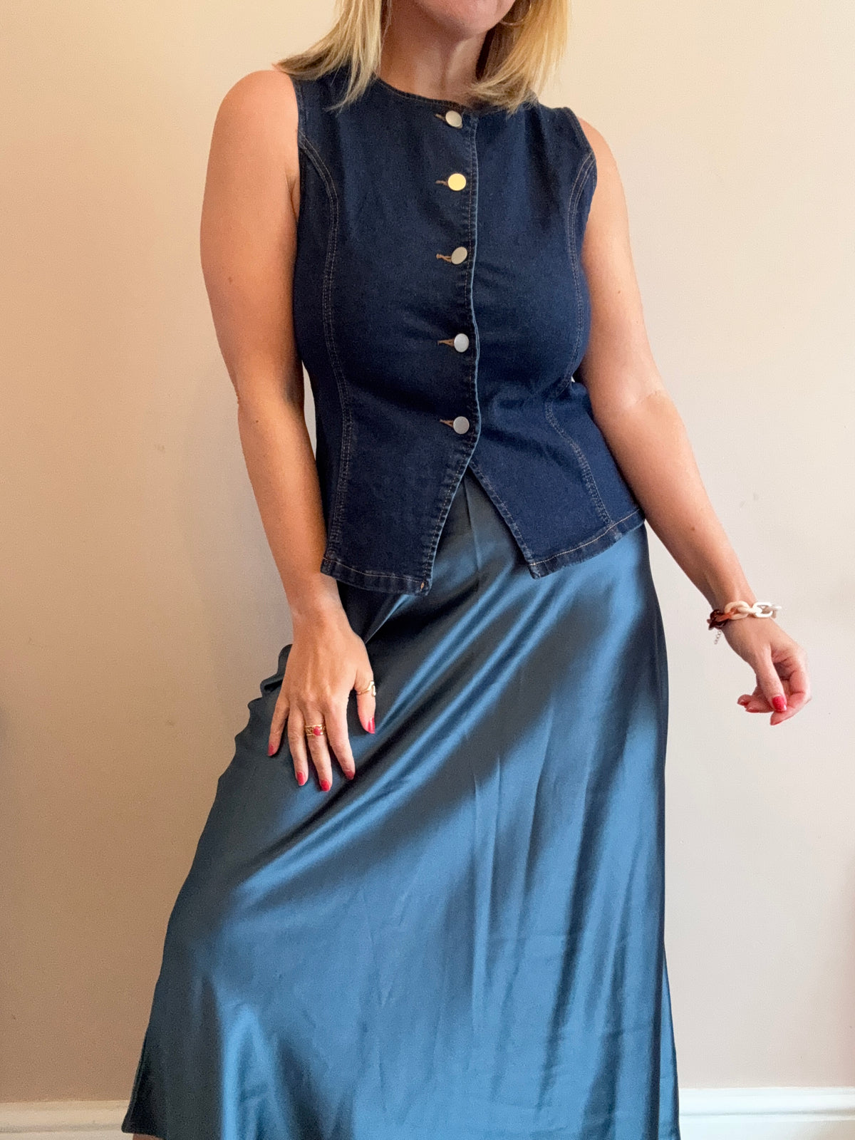 Petrol Blue Satin Slip Skirt