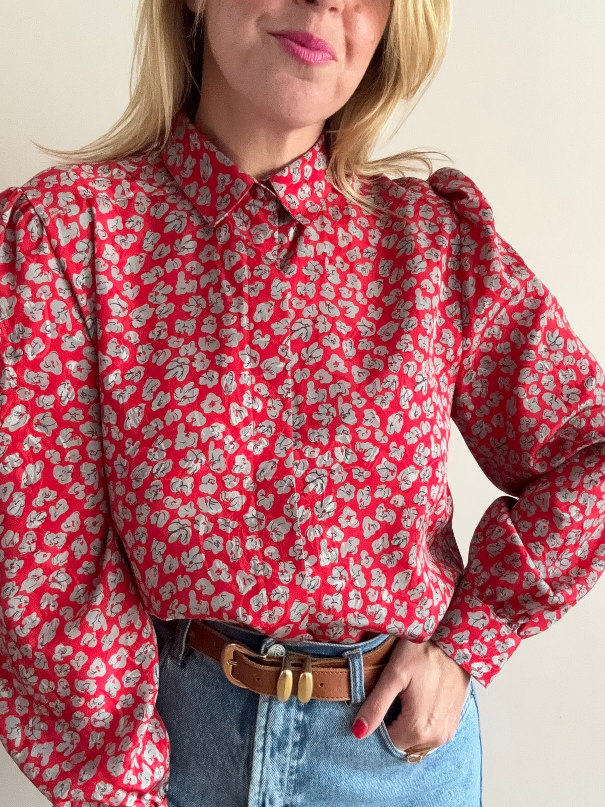 Vintage 1980s Red Floral Print Blouse