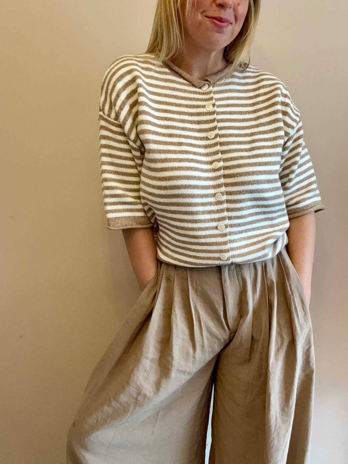 Cream & Taupe Striped Button-Front Knit Cardigan