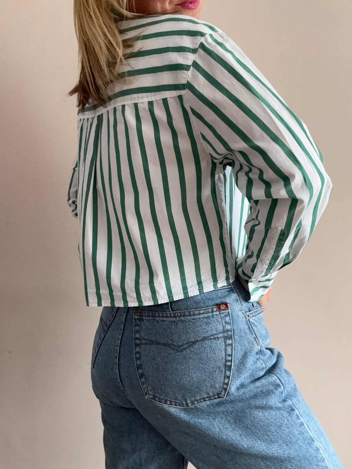 Cotton Green & White Striped Cropped Shirt