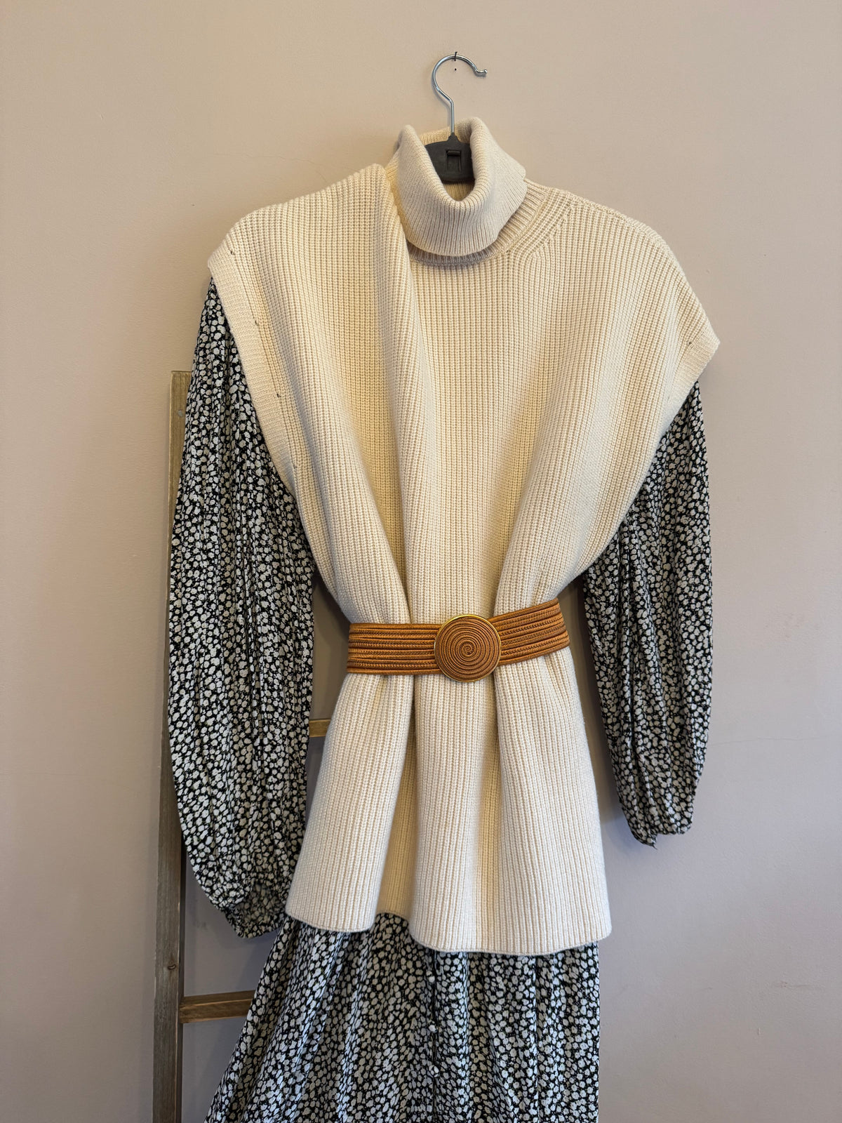 Cream roll neck sleeveless knit