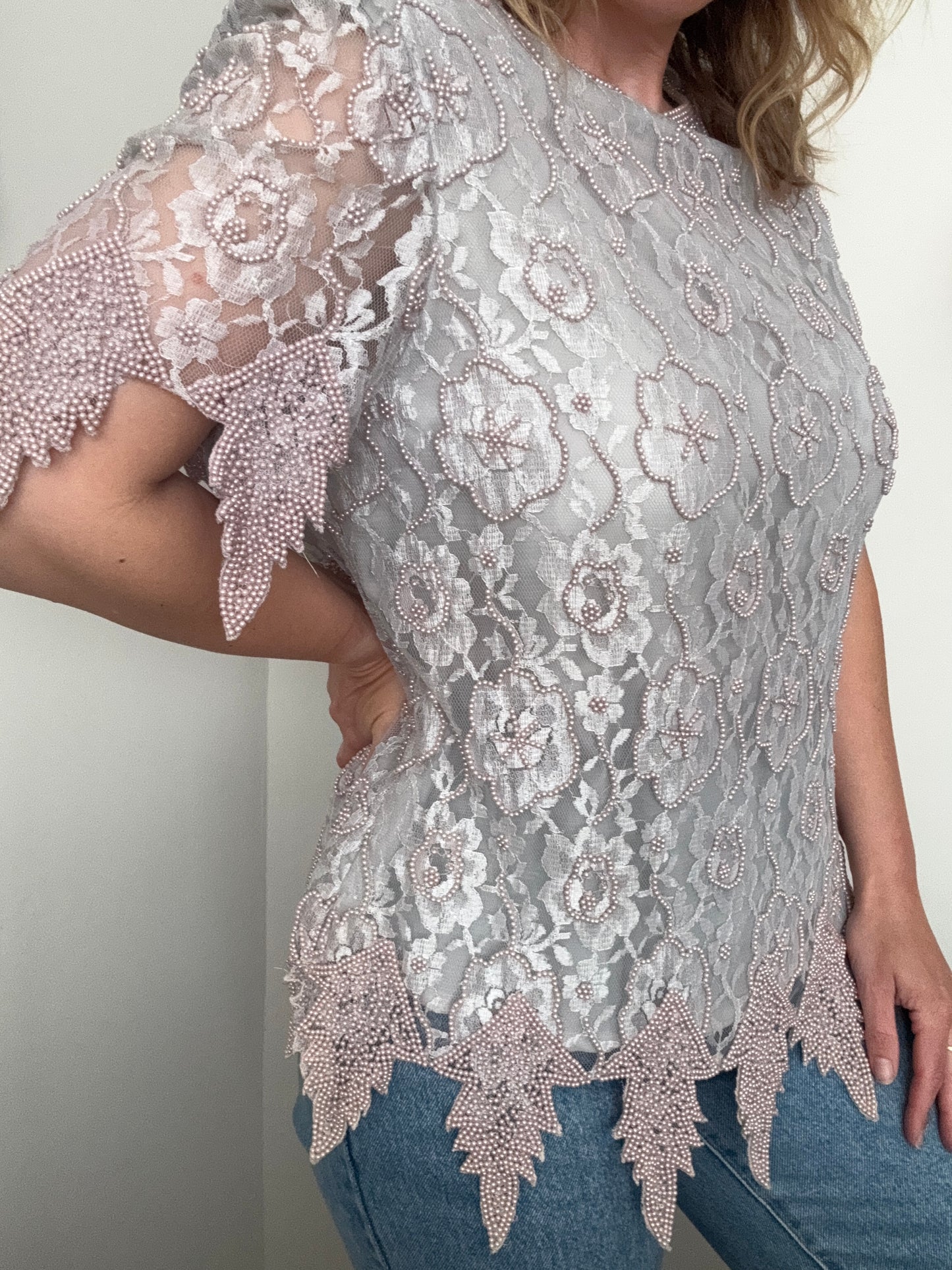 Vintage grey floral lace beaded top