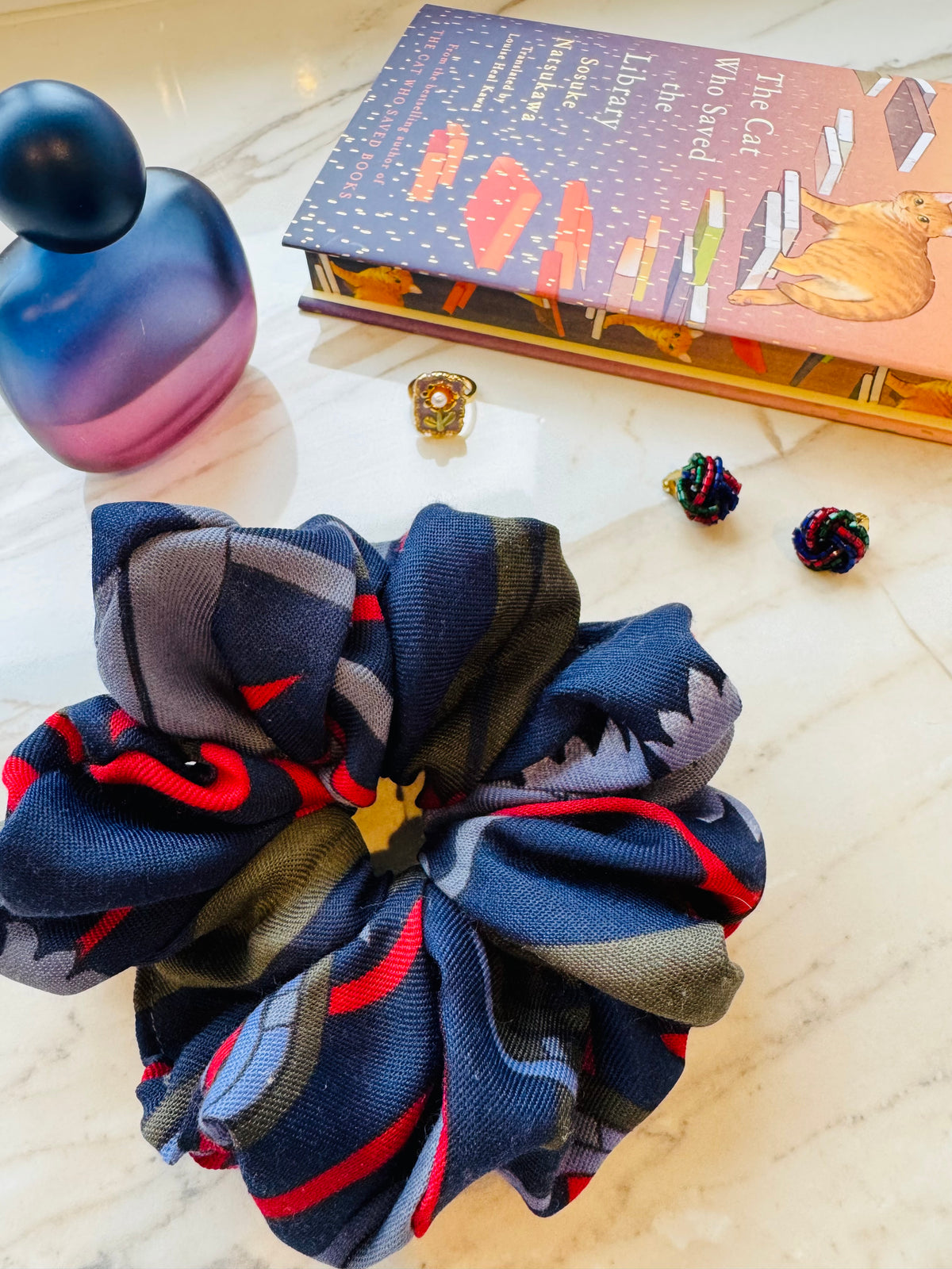 ‘Bookish’ moody blues scrunchie