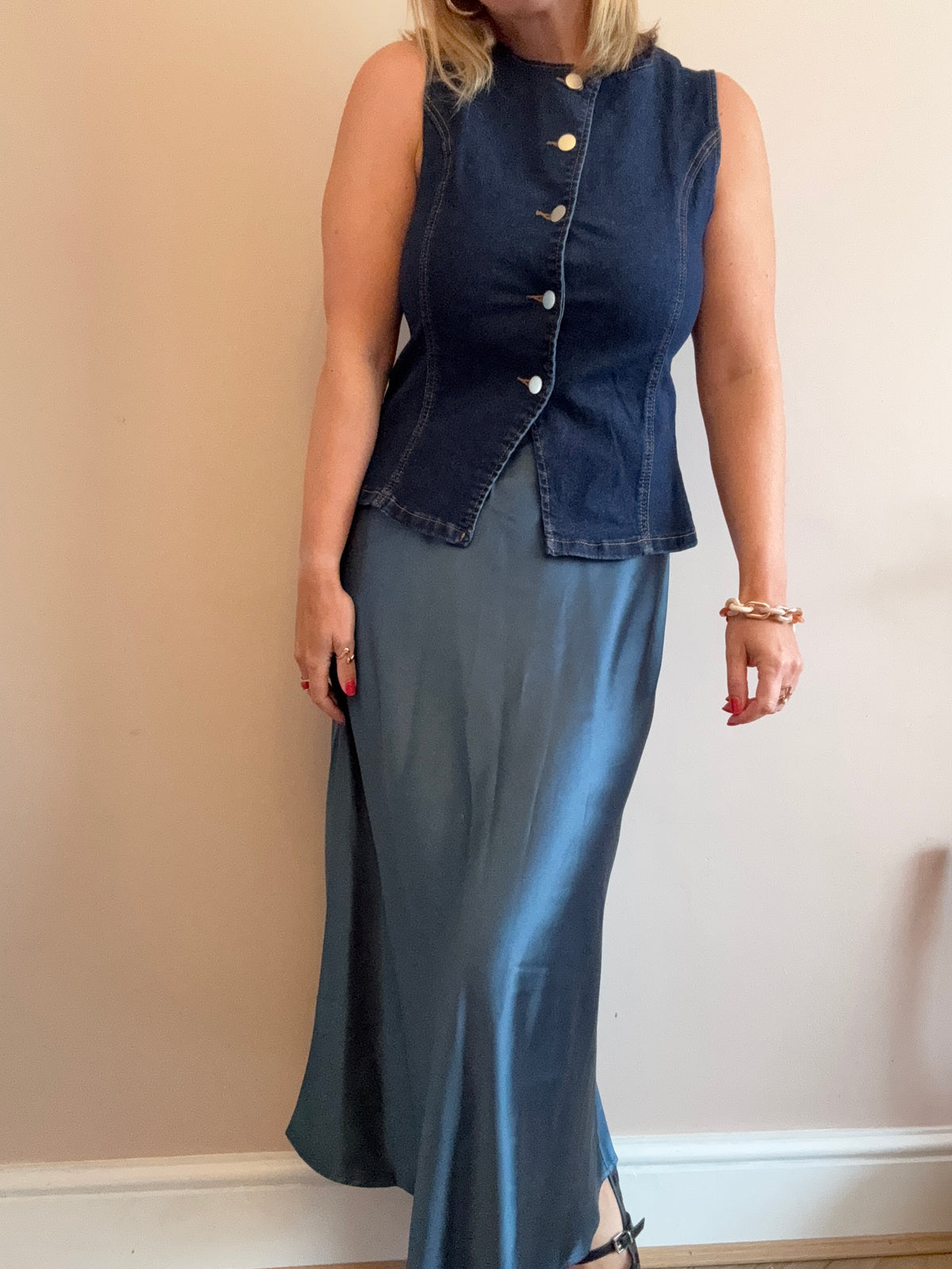 Petrol Blue Satin Slip Skirt