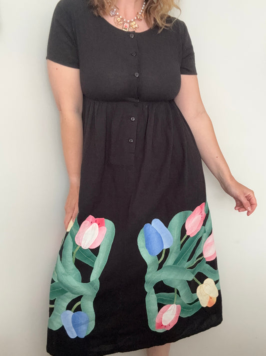 Vintage ‘Liz Claiborne’ cotton & linen hand-sewn appliqué dress