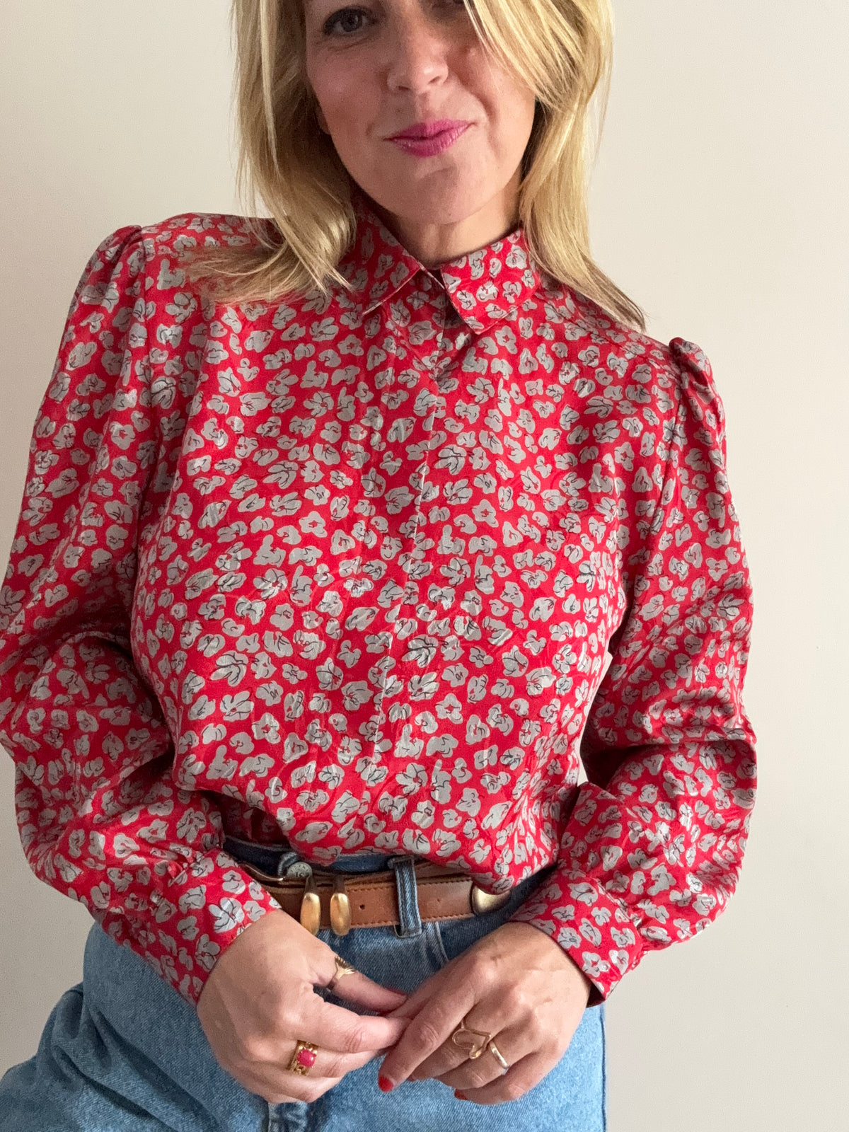 Vintage 1980s Red Floral Print Blouse