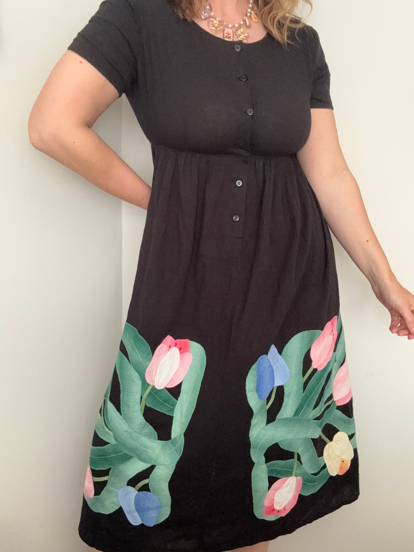 Vintage ‘Liz Claiborne’ cotton & linen hand-sewn appliqué dress