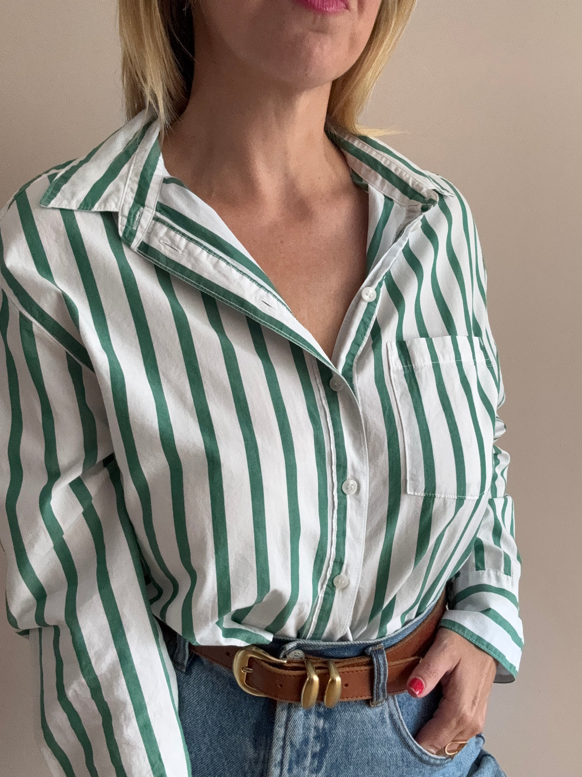 Cotton Green & White Striped Cropped Shirt