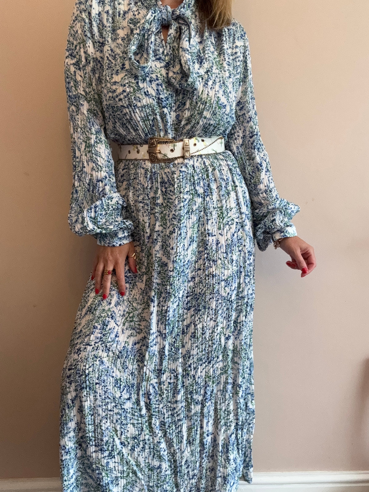 Blue & White Pleated Maxi Dress