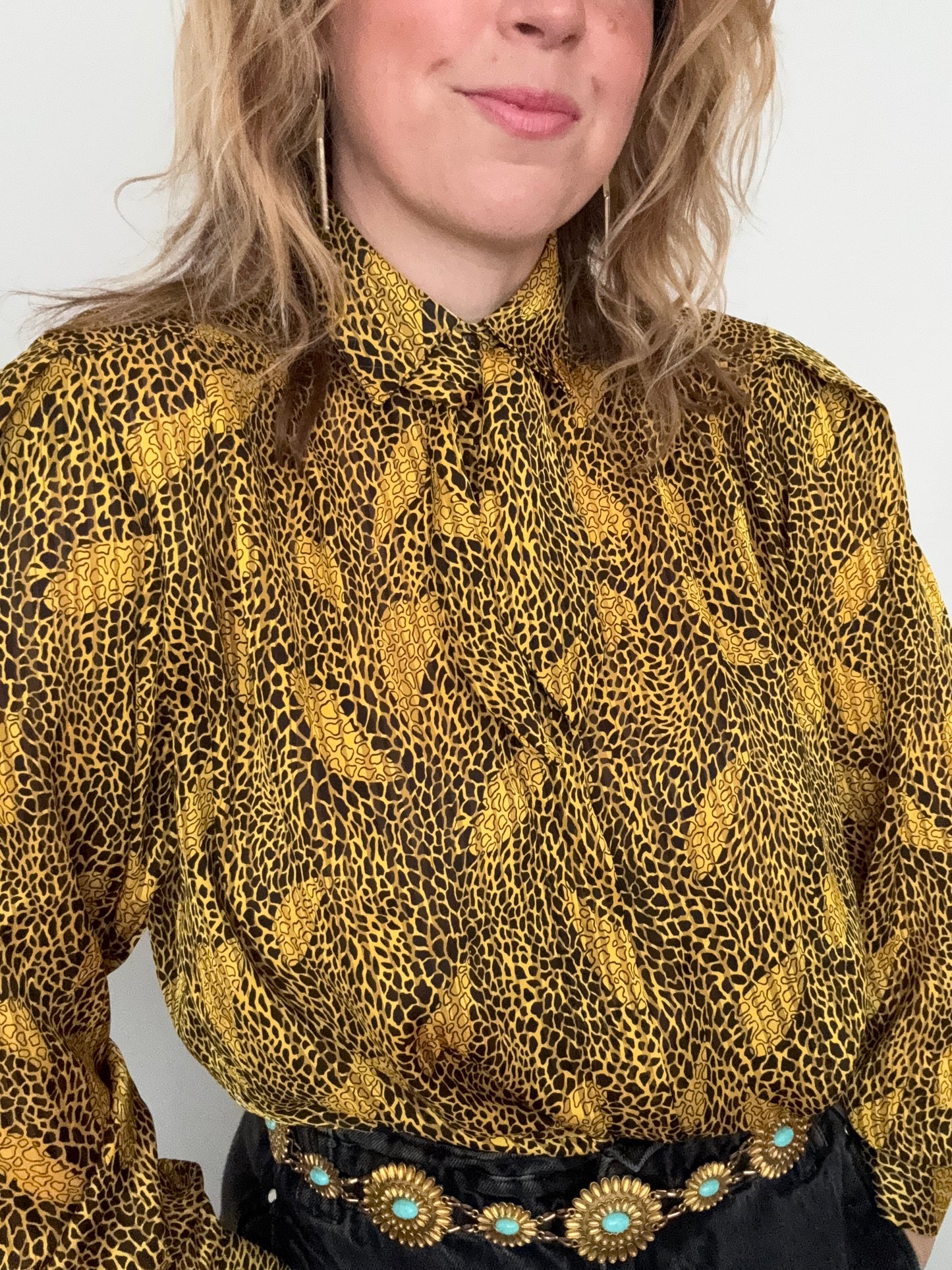 Vintage ‘scarf neck’ contrasting gold & black shirt