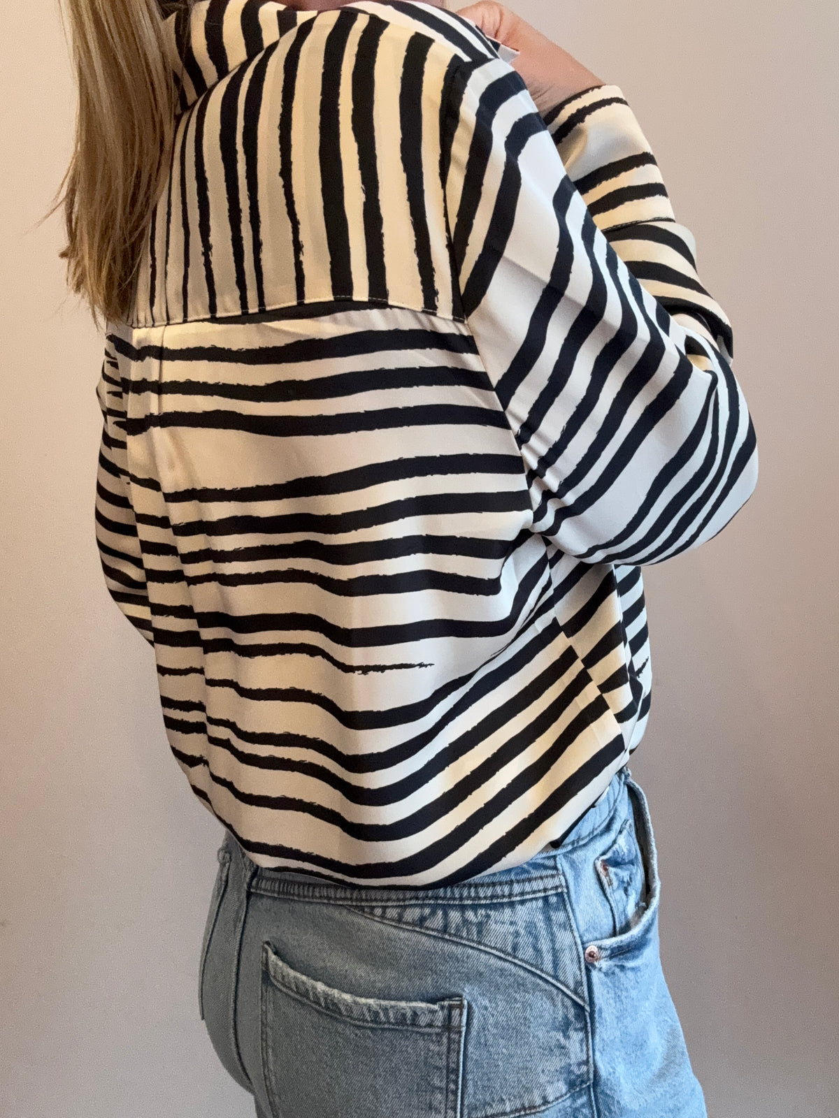 Black & Cream Striped Collared Blouse