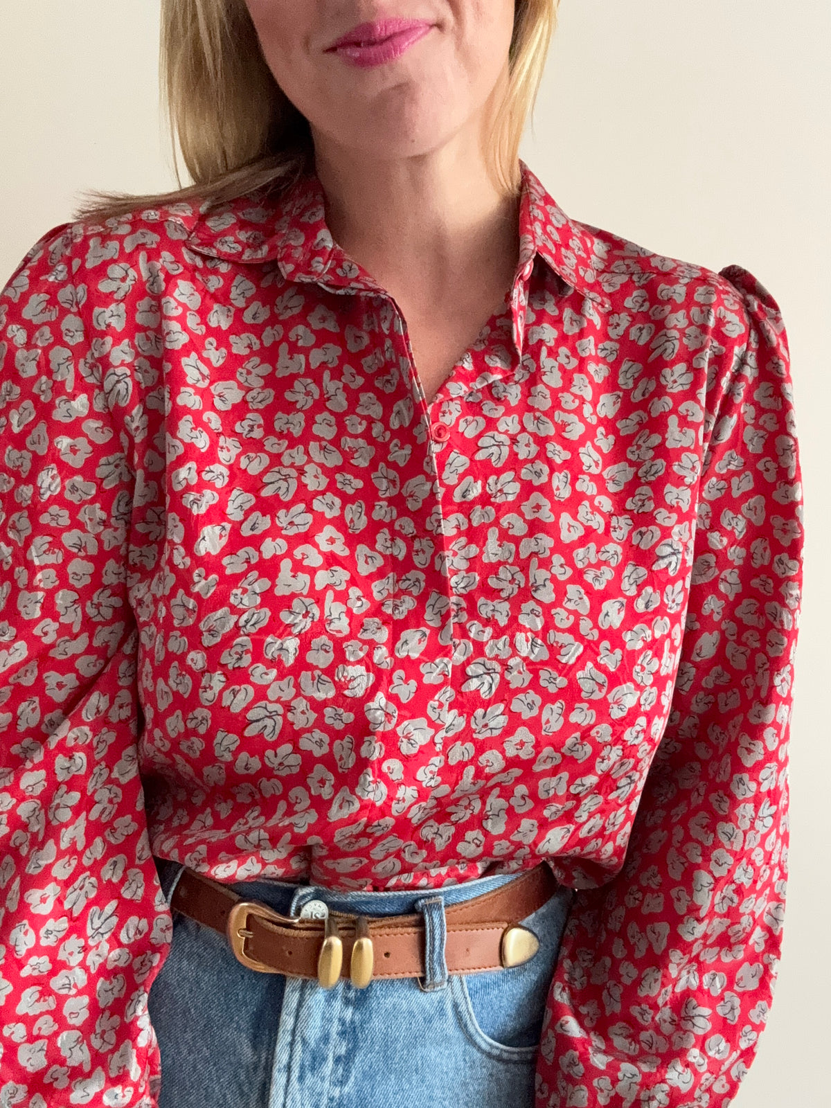 Vintage 1980s Red Floral Print Blouse