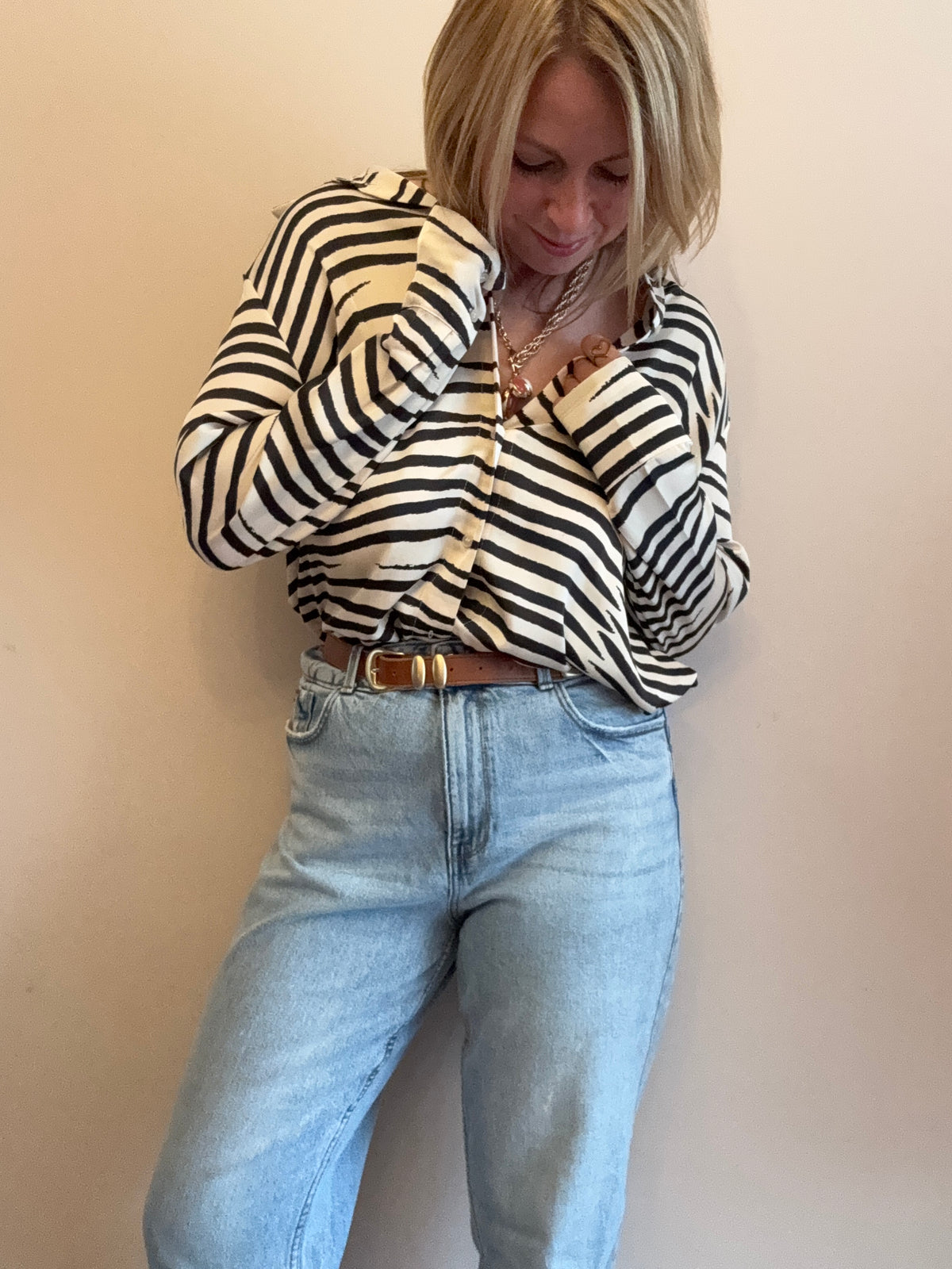 Black & Cream Striped Collared Blouse
