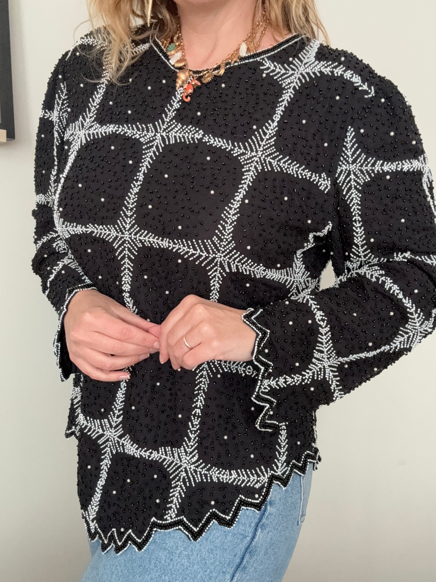 Vintage black beaded ‘windowpane’ silk blouse