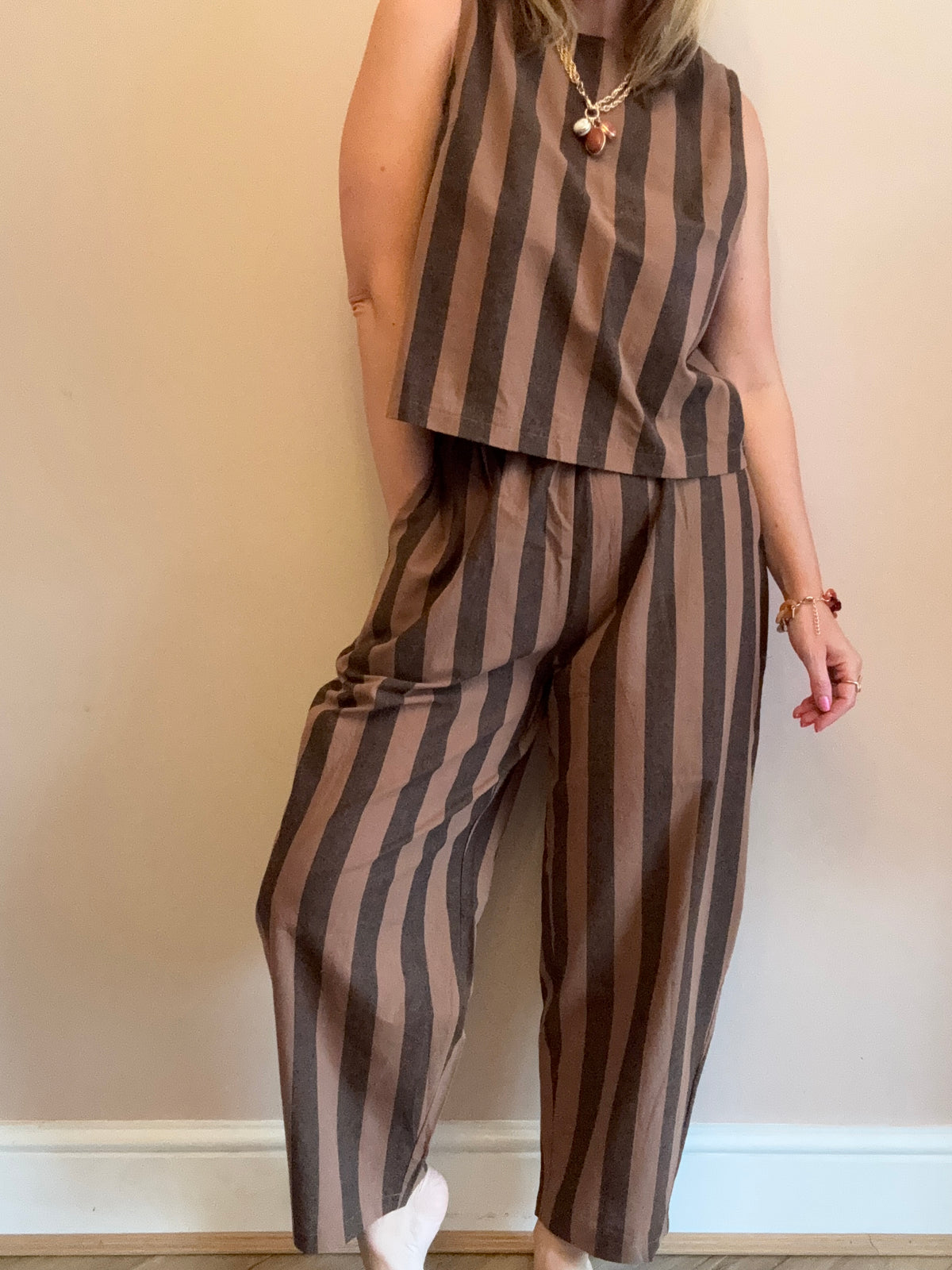 Brown & Charcoal Striped Wide-Leg Coord
