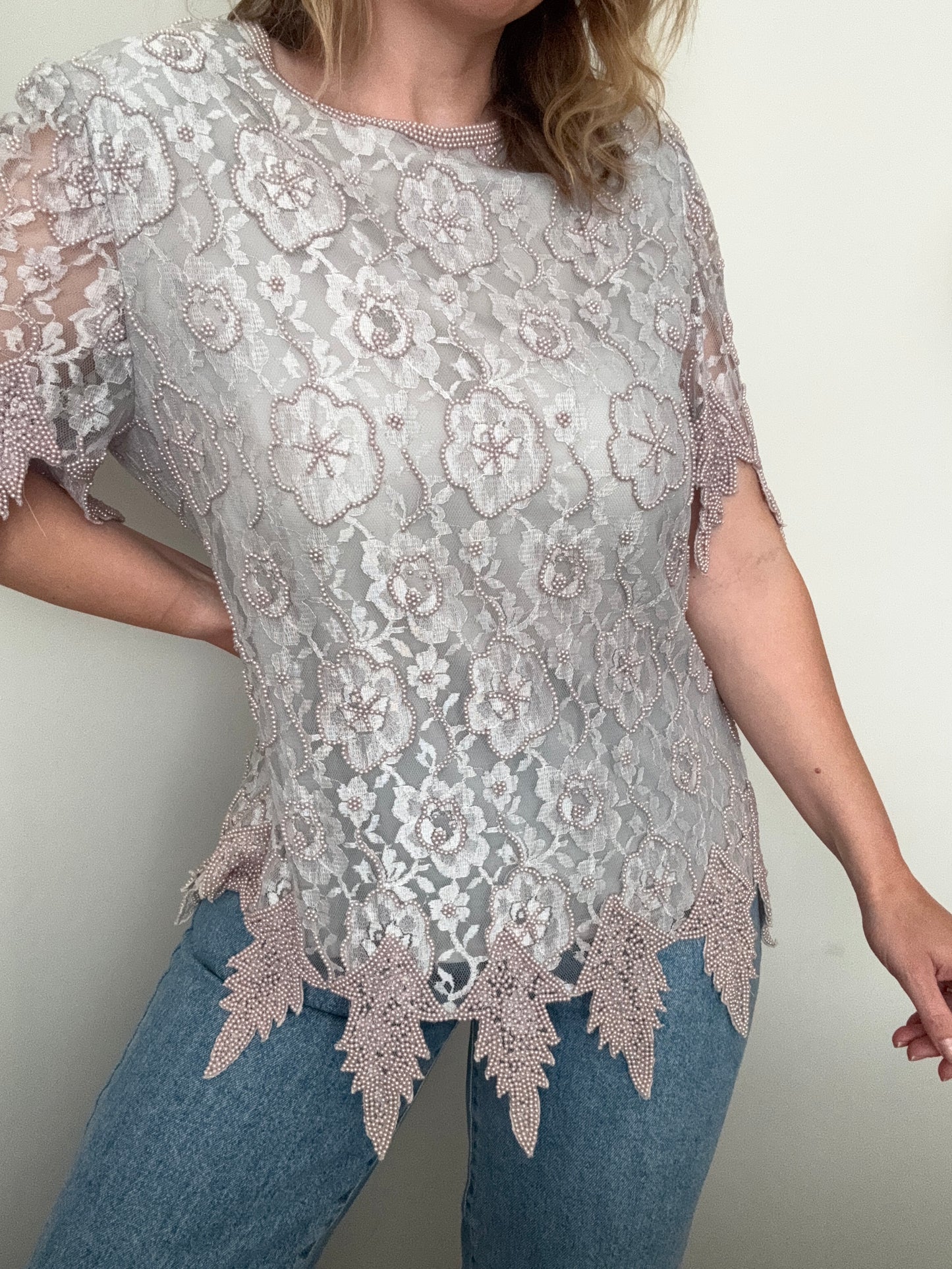 Vintage grey floral lace beaded top