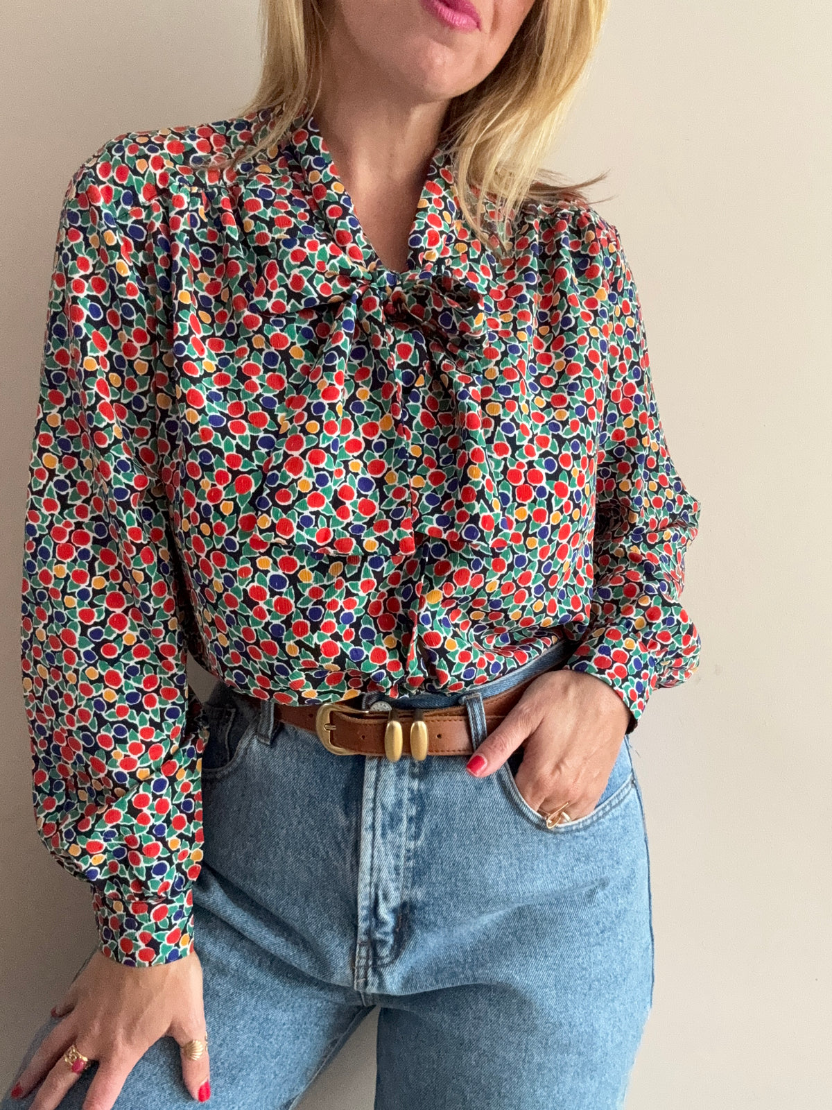 1980s Colourful Printed Tie-Neck Blouse