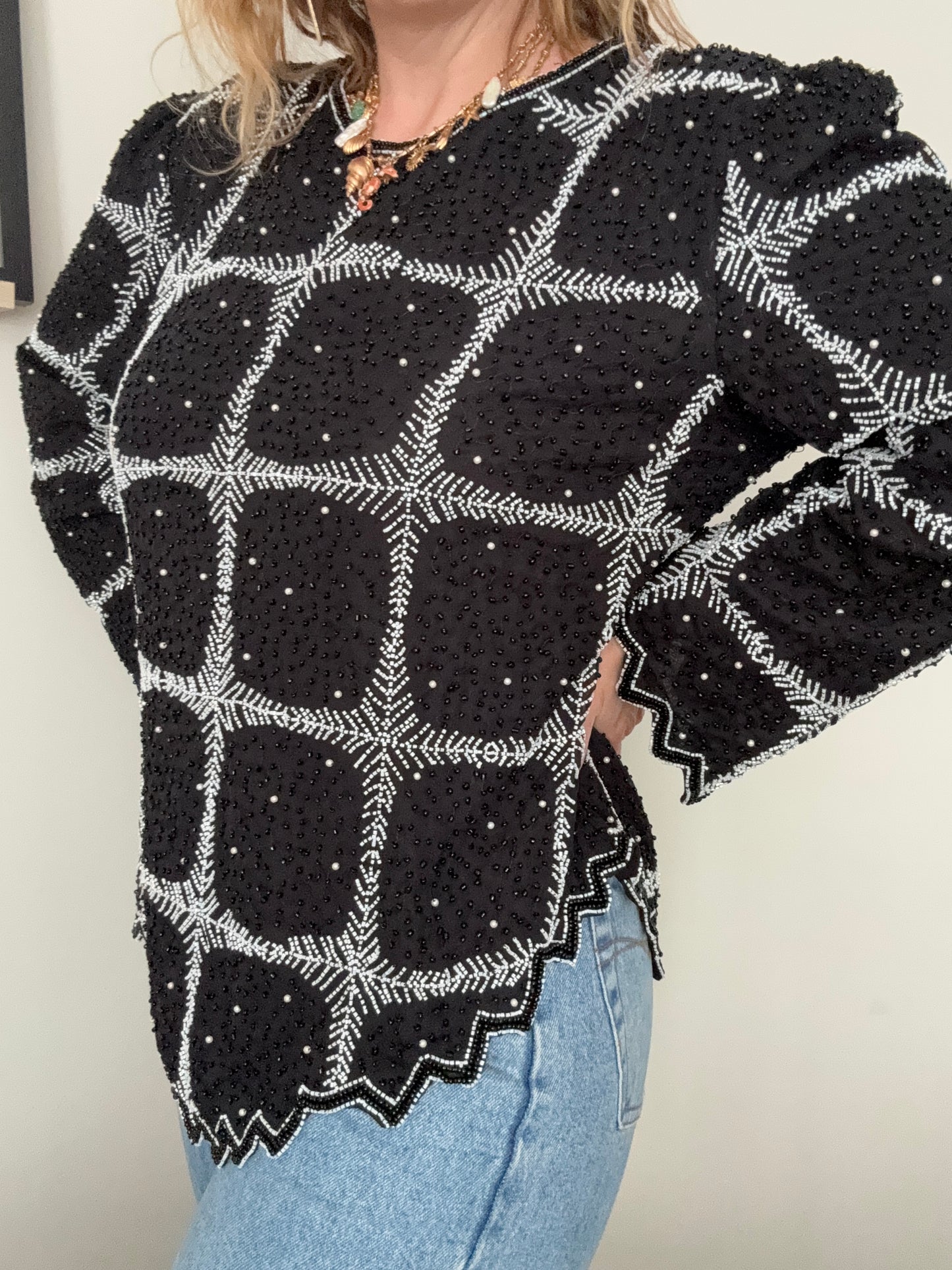 Vintage black beaded ‘windowpane’ silk blouse