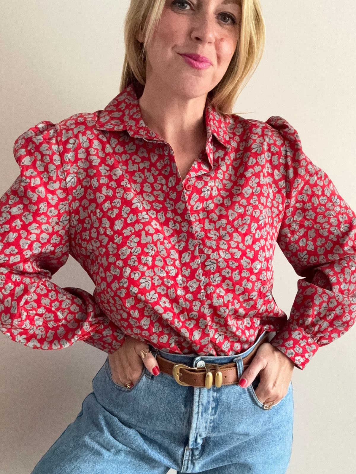 Vintage 1980s Red Floral Print Blouse