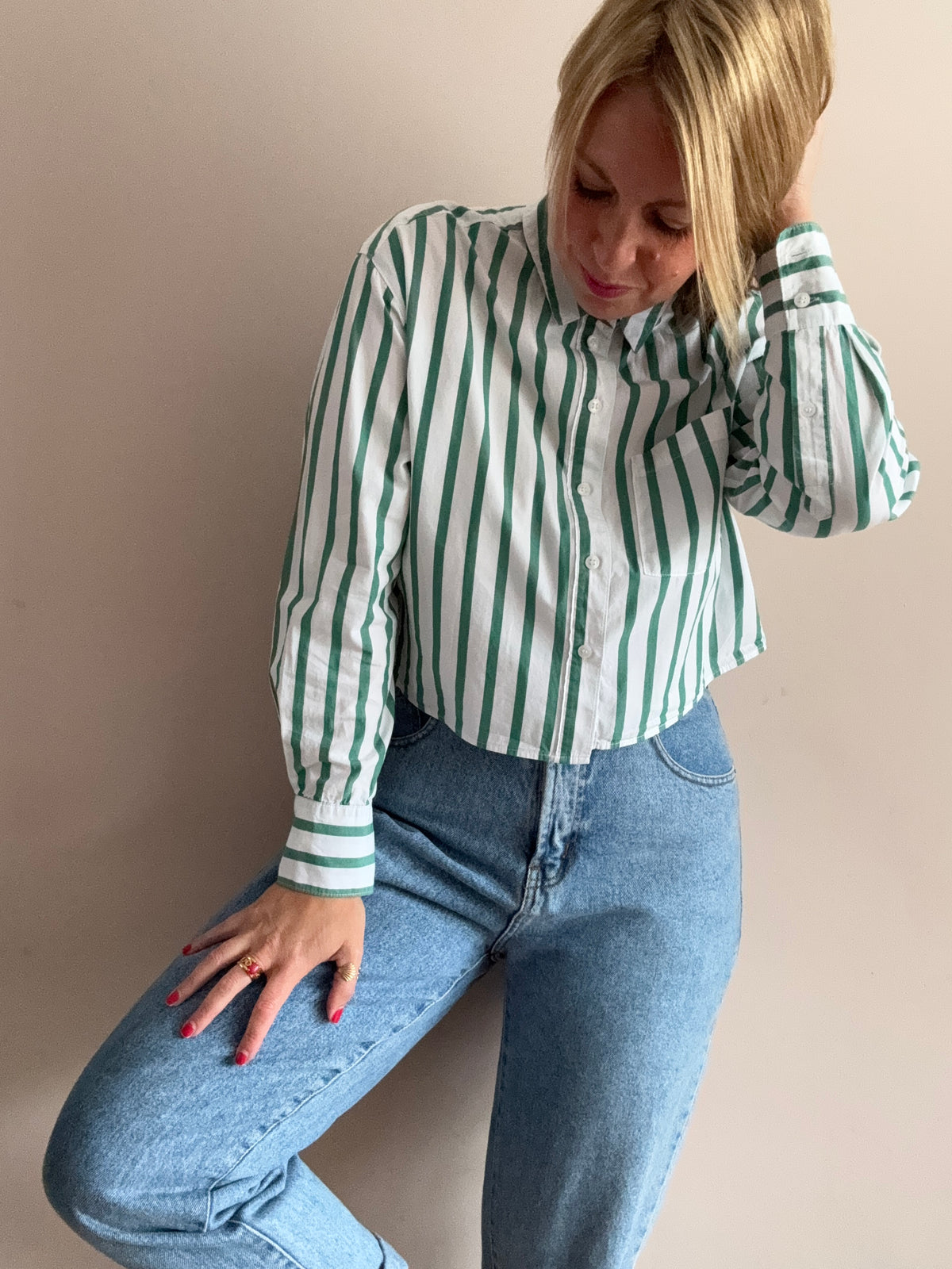 Cotton Green & White Striped Cropped Shirt