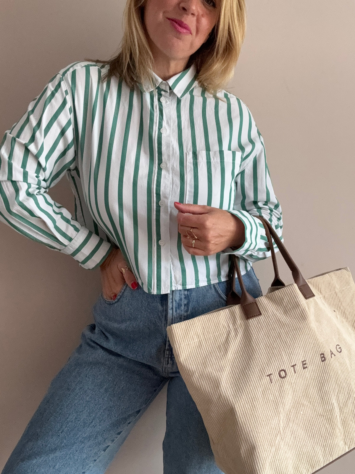 Cotton Green & White Striped Cropped Shirt