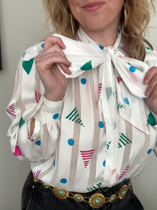1980s ‘confetti’ pussybow shirt.