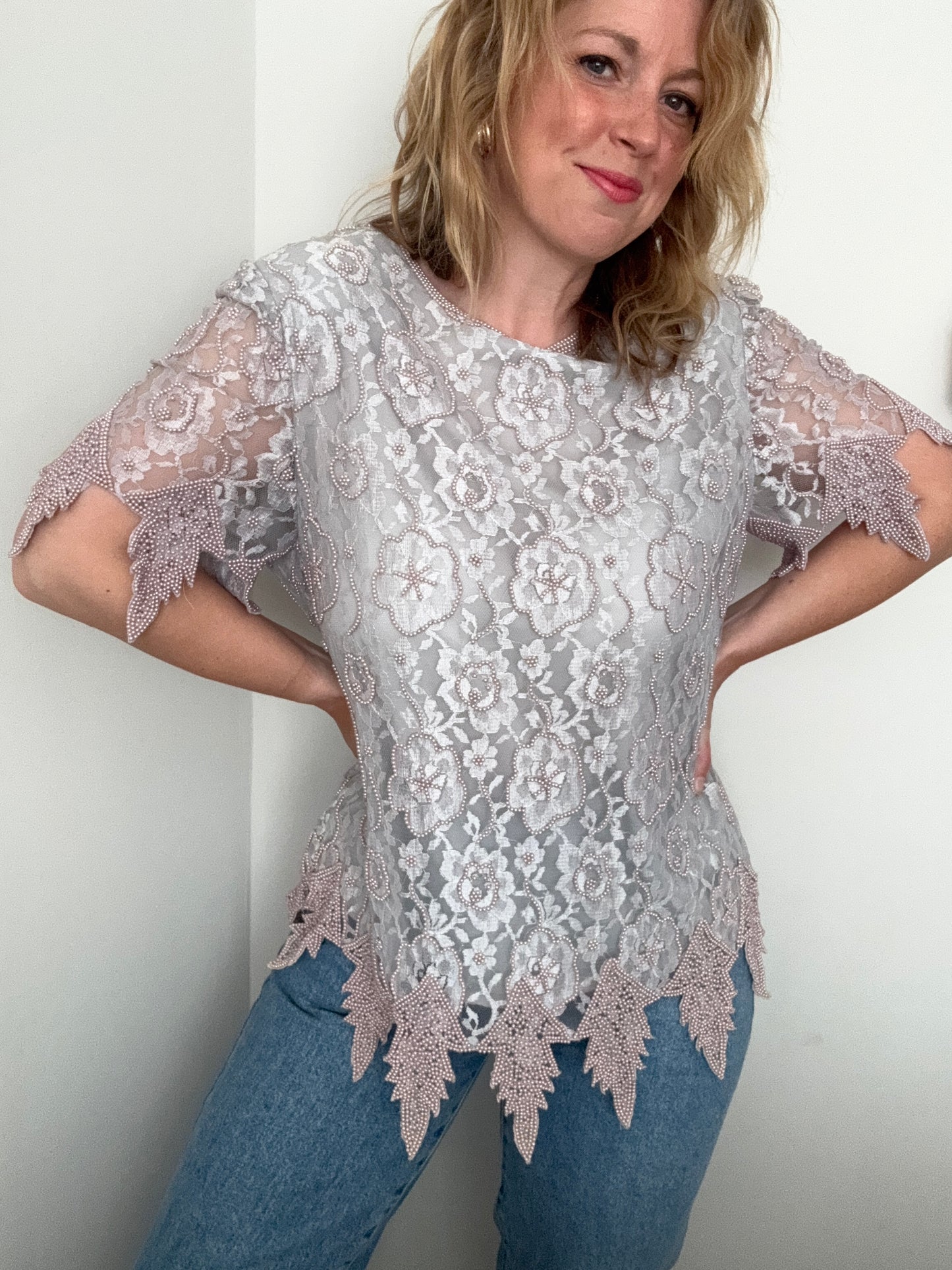 Vintage grey floral lace beaded top
