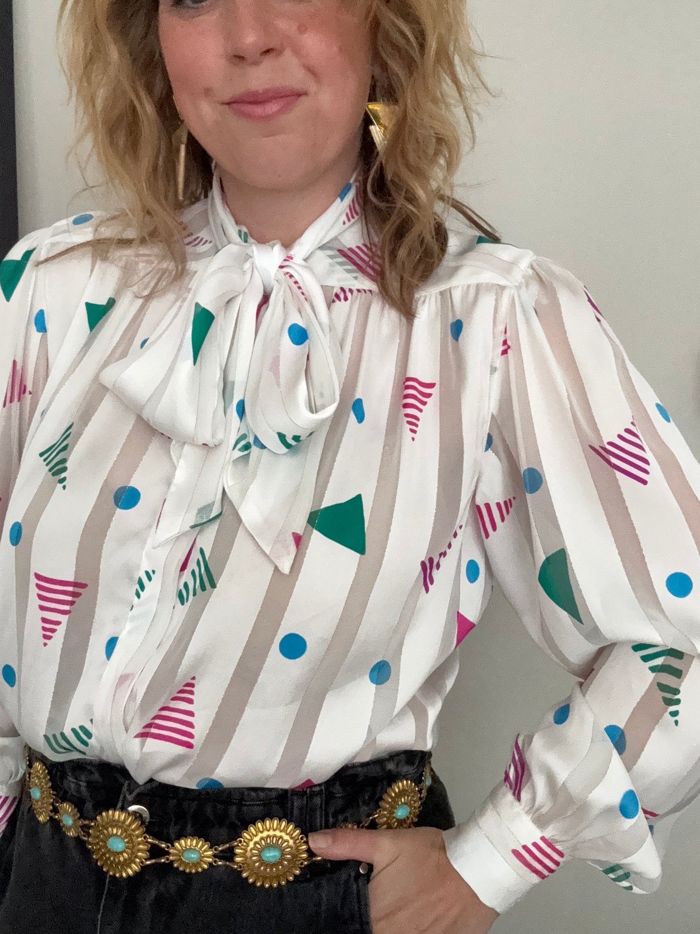 1980s ‘confetti’ pussybow shirt.