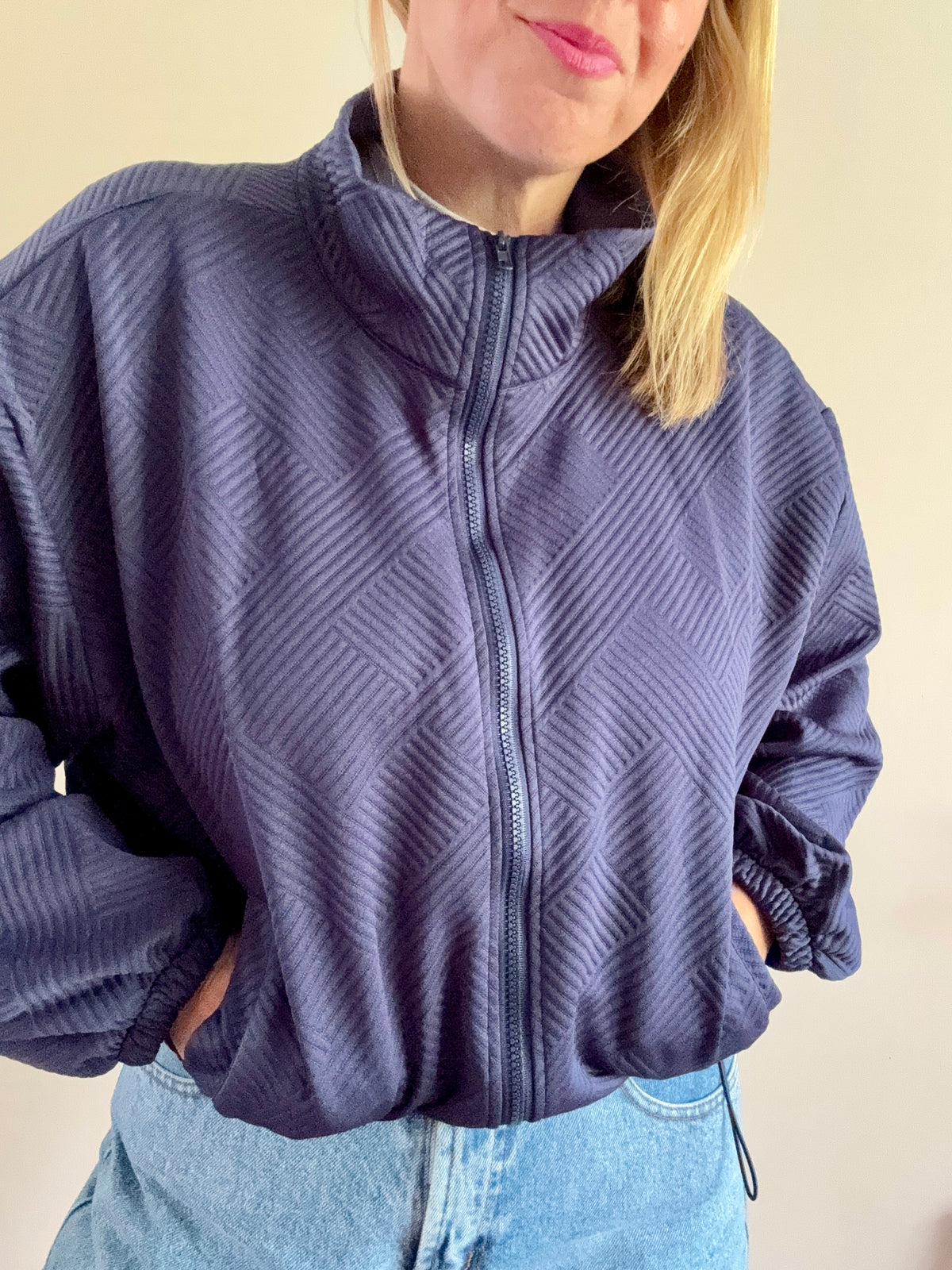 Navy Blue Textured Zip-Up Jacket