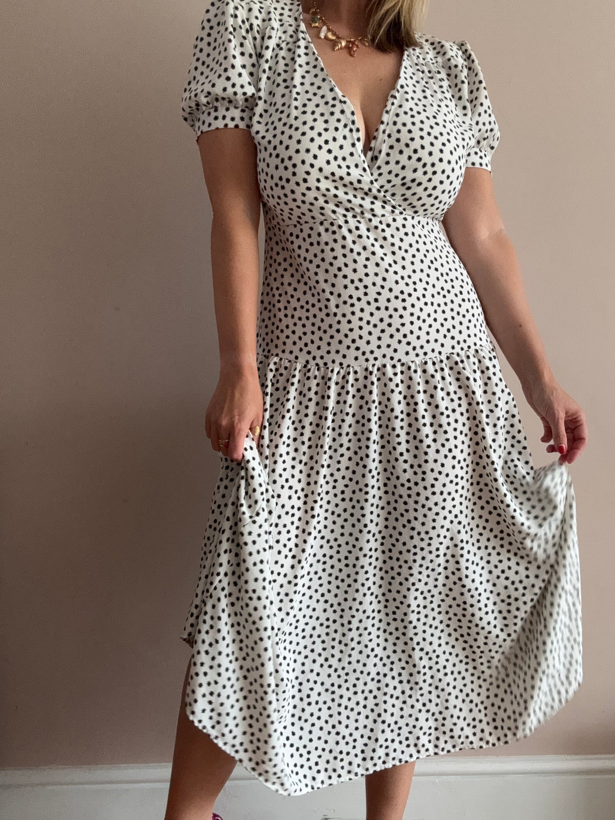 White & Black Spot Print Midi Dress