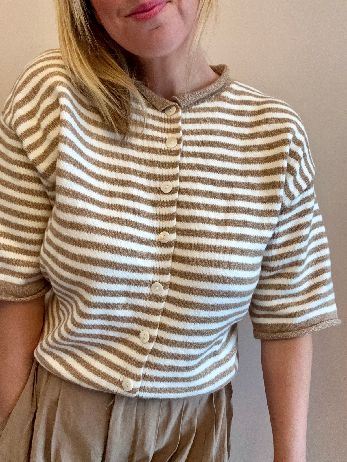 Cream & Taupe Striped Button-Front Knit Cardigan
