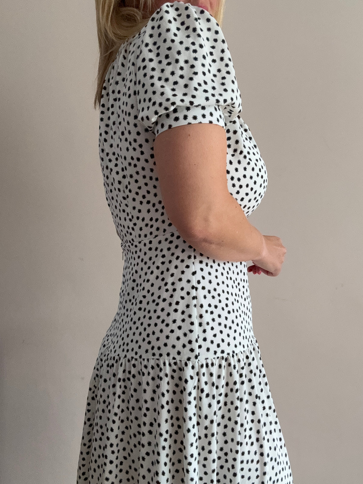 White & Black Spot Print Midi Dress